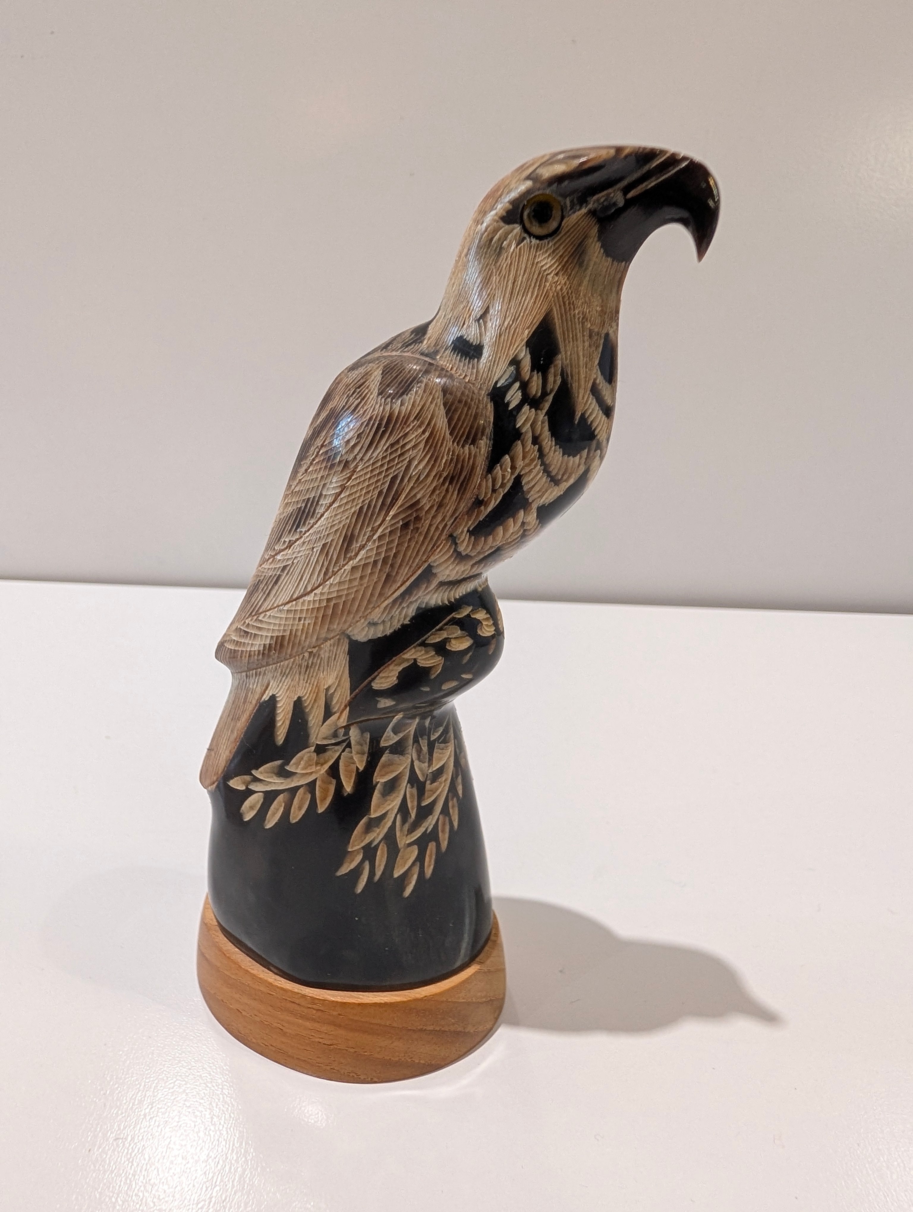 Vintage Hand Carved Buffalo Horn Eagle Figurine Etched Bird Statue Decor
