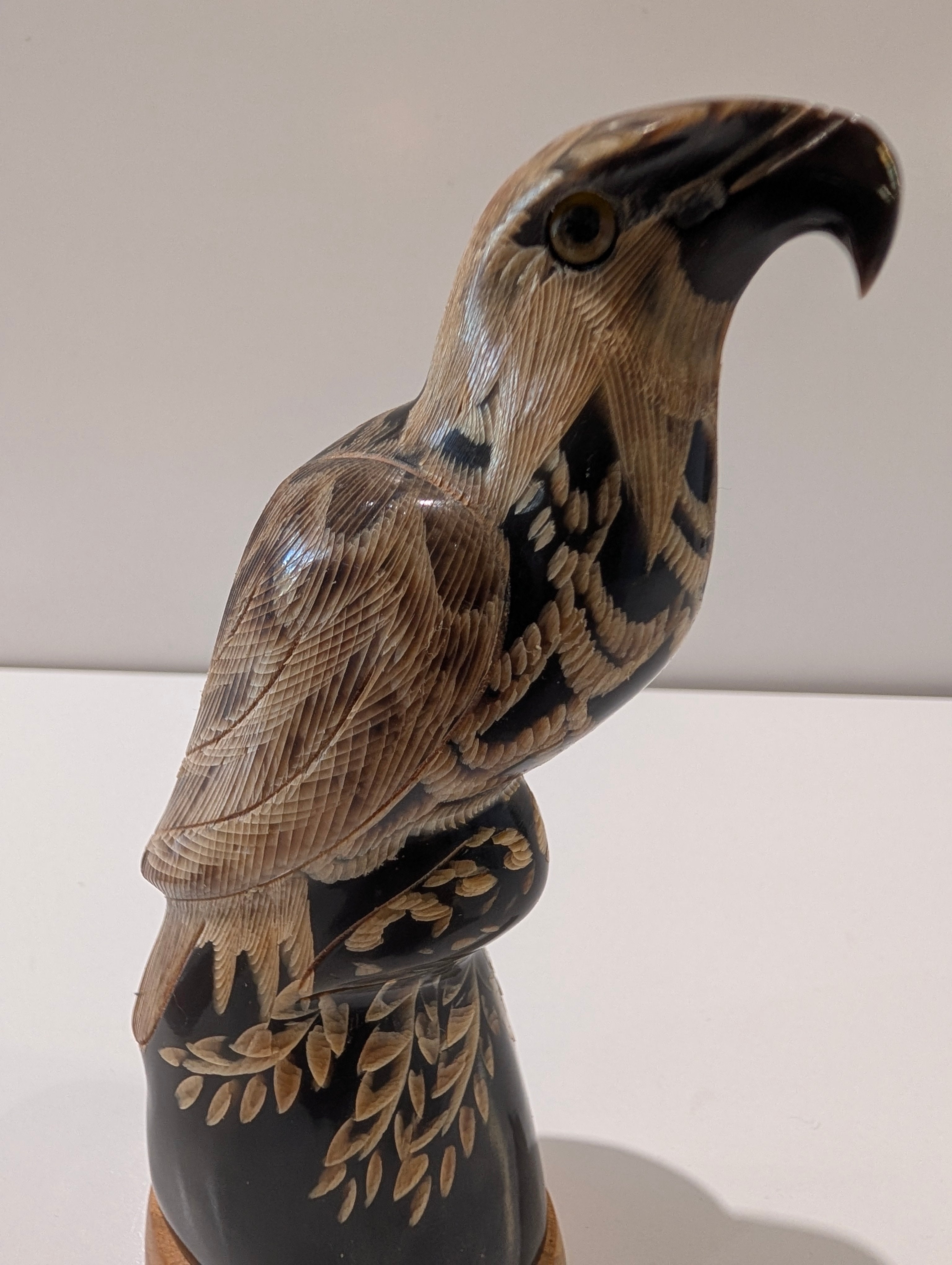 Vintage Hand Carved Buffalo Horn Eagle Figurine Etched Bird Statue Decor