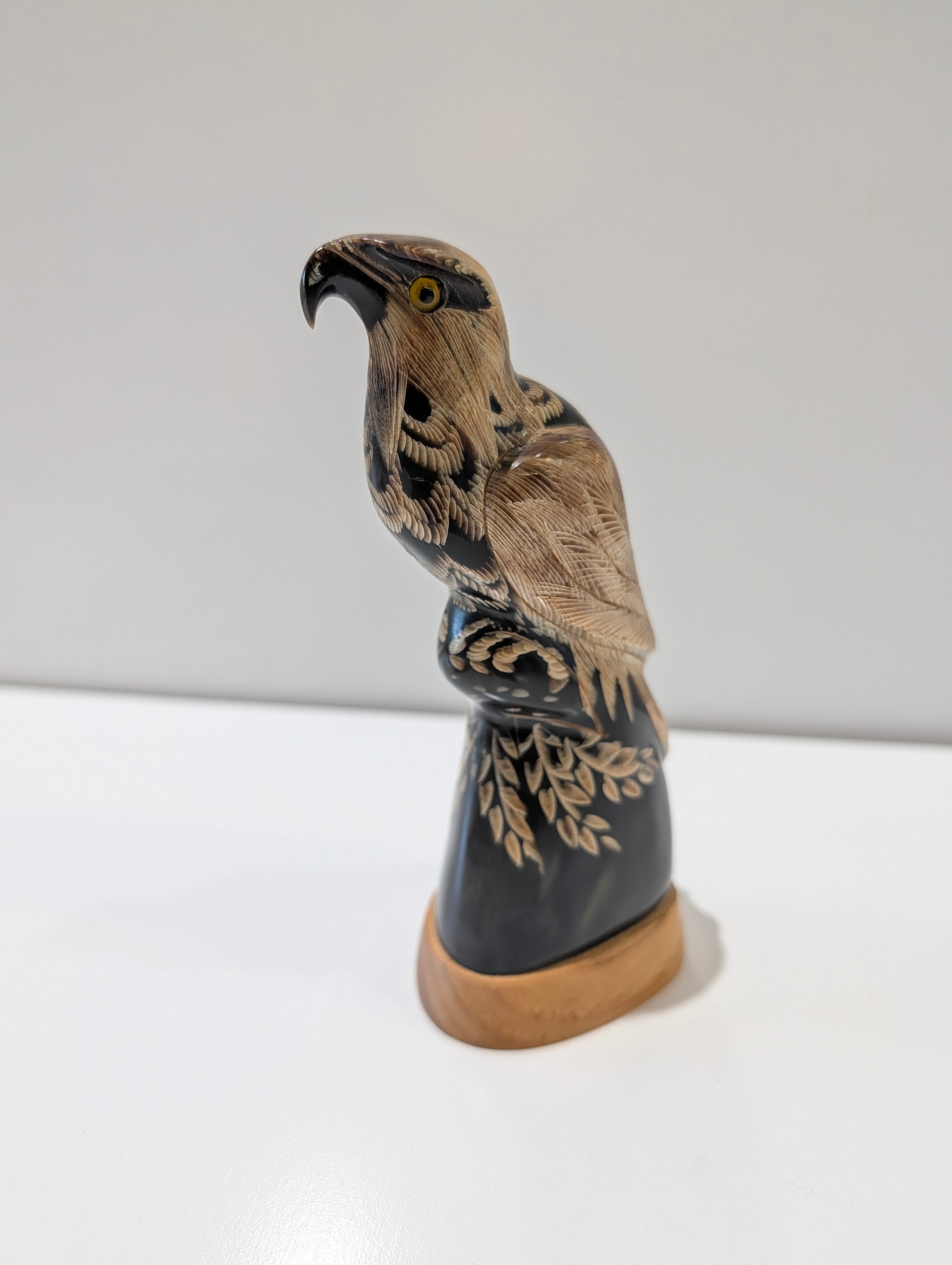 Vintage Hand Carved Buffalo Horn Eagle Figurine Etched Bird Statue Decor