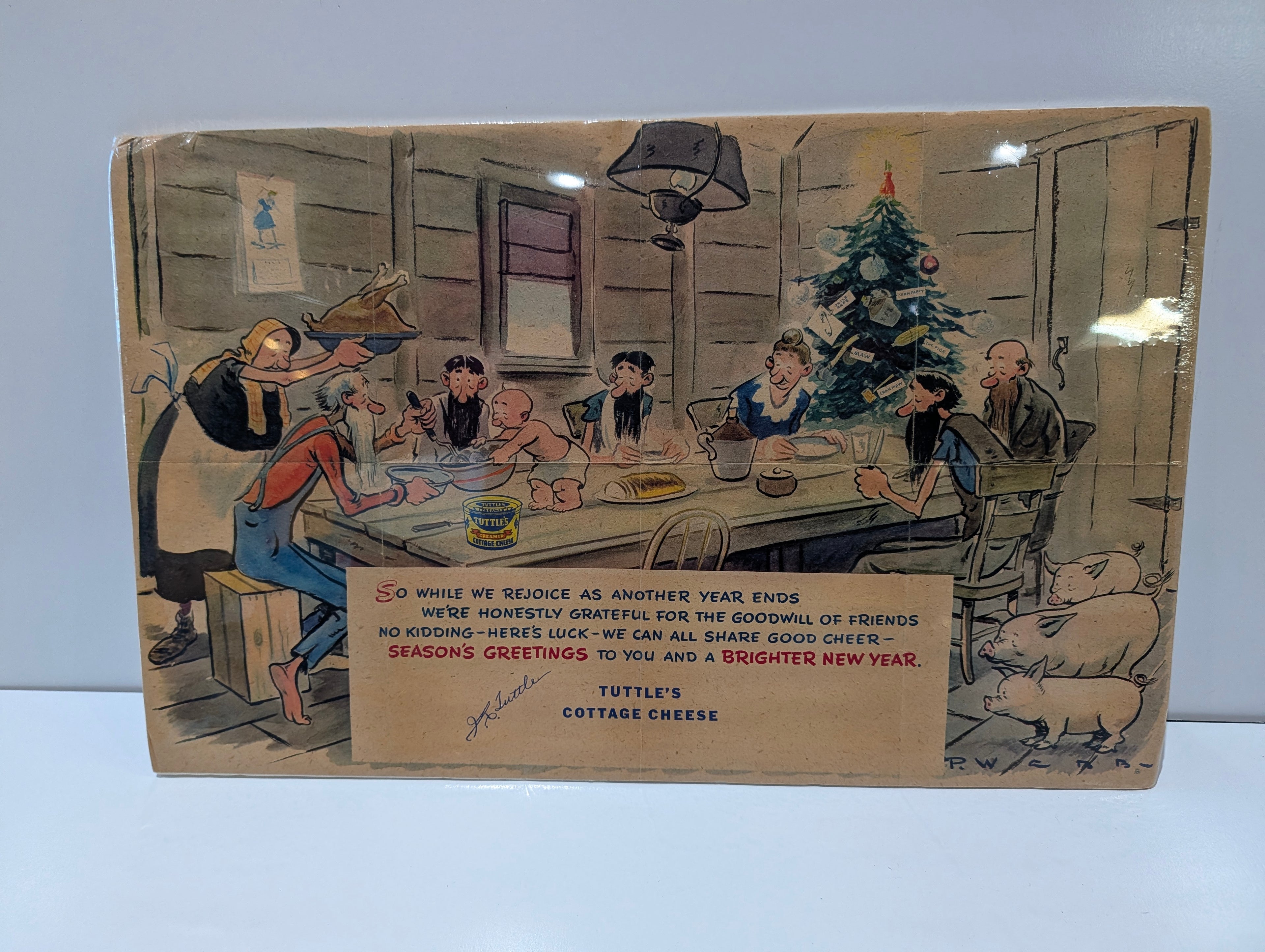 Vintage Tuttle’s Cottage Cheese Advertising Christmas Card Folk Art Farm Scene