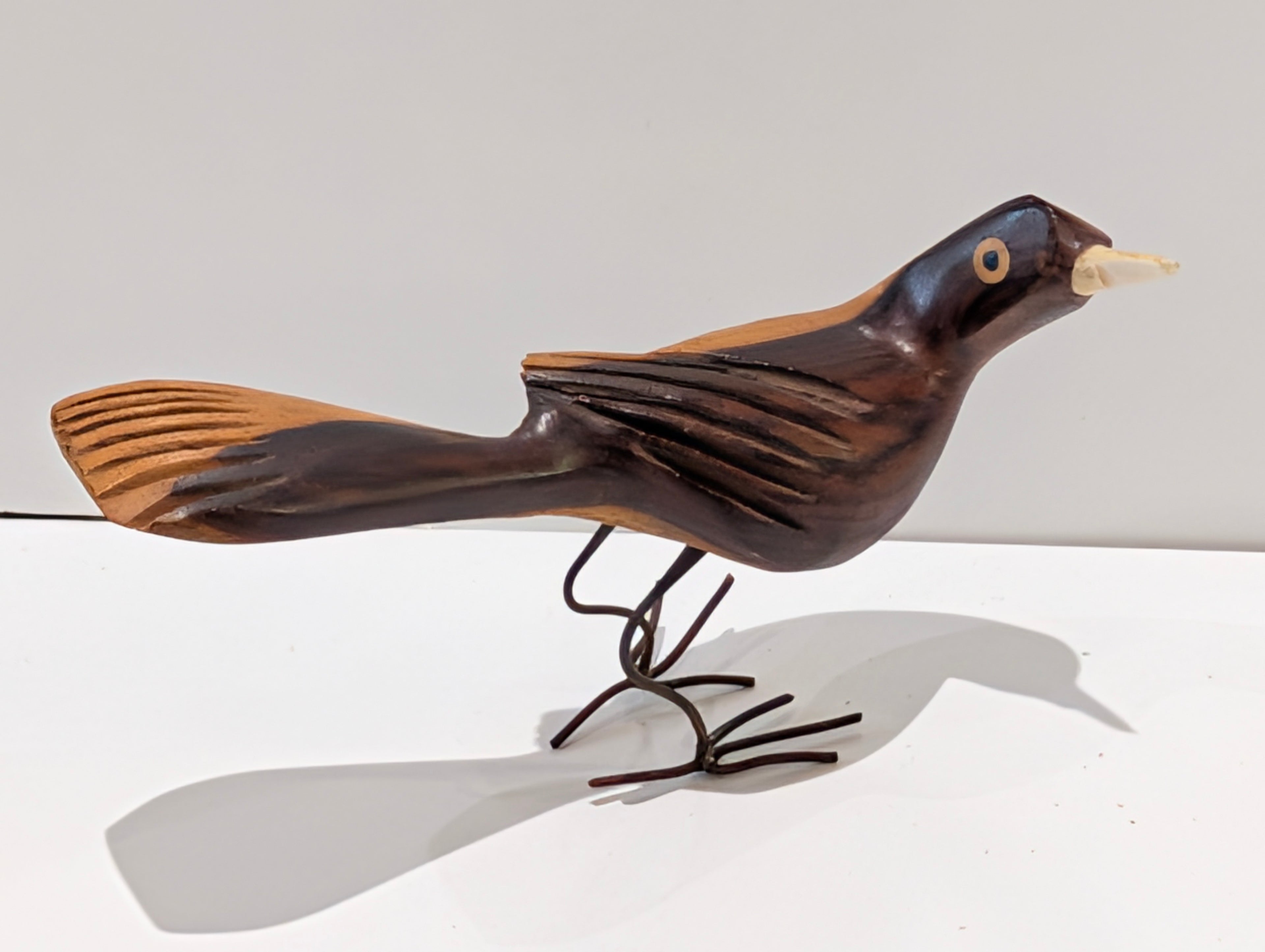 Vintage Hand Carved Wooden Bird Sculpture Folk Art Metal Legs Decor Piece