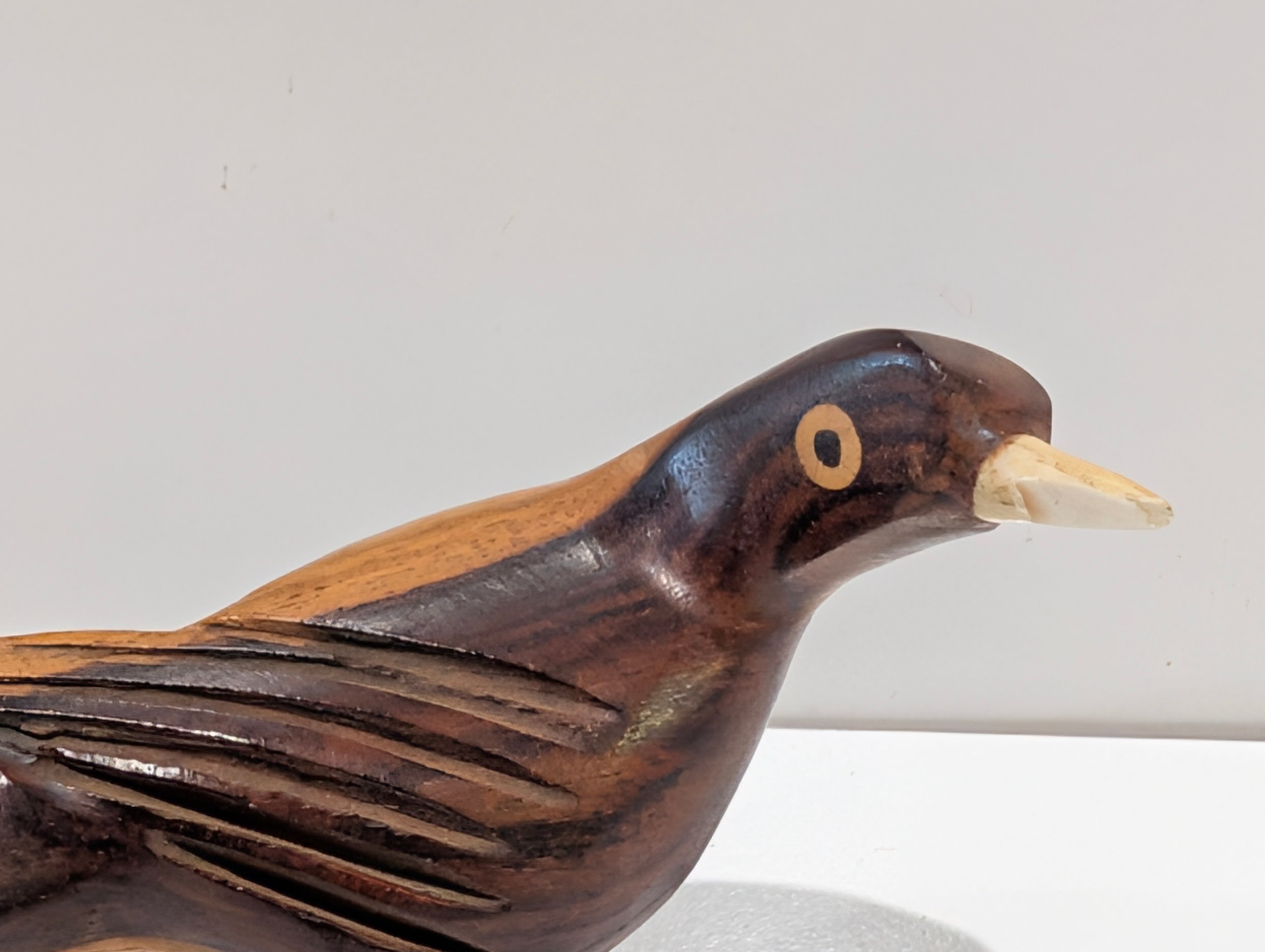 Vintage Hand Carved Wooden Bird Sculpture Folk Art Metal Legs Decor Piece