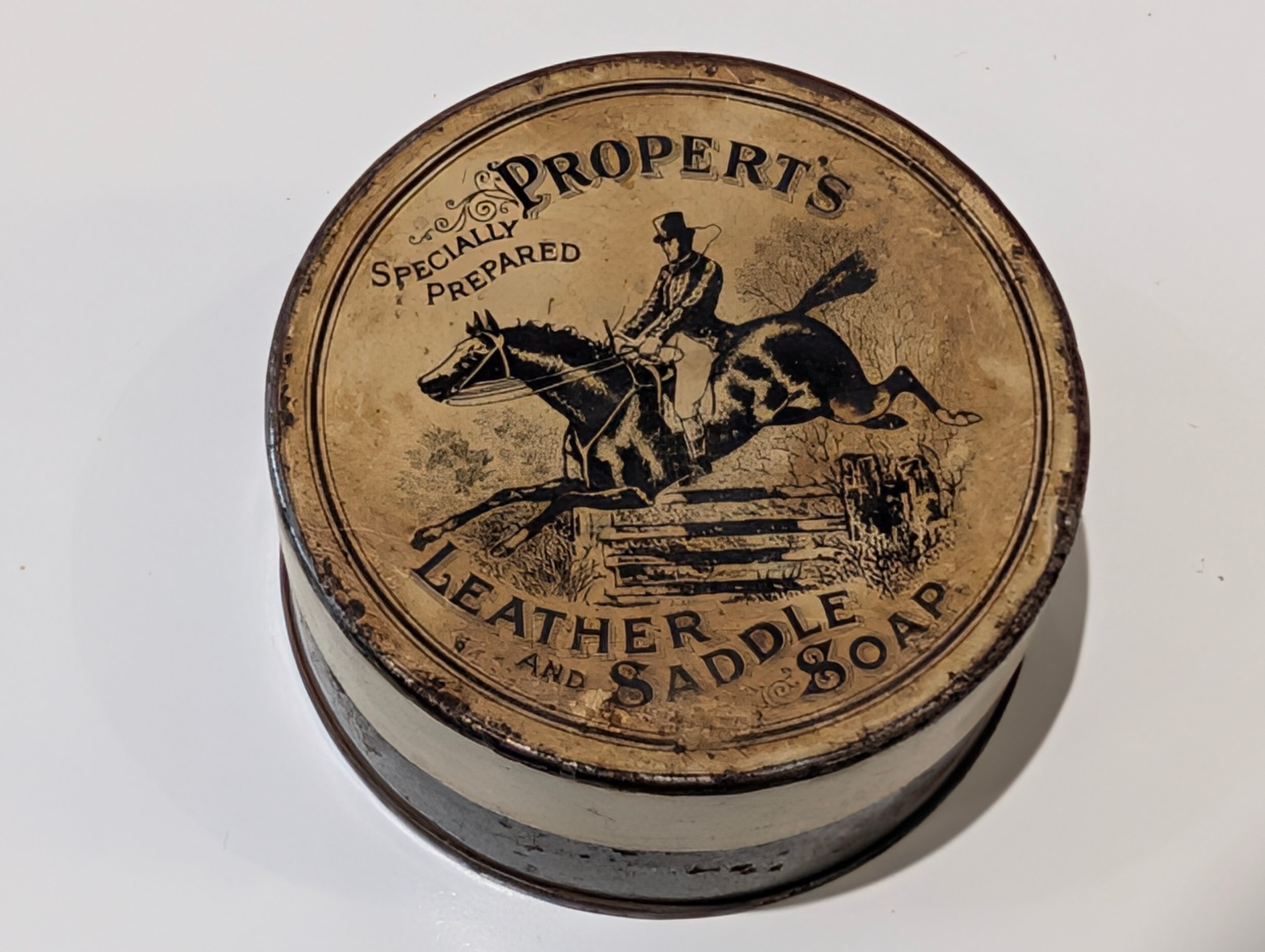 Vintage Propert’s Leather And Saddle Soap Tin Horse Rider Advertising Lid