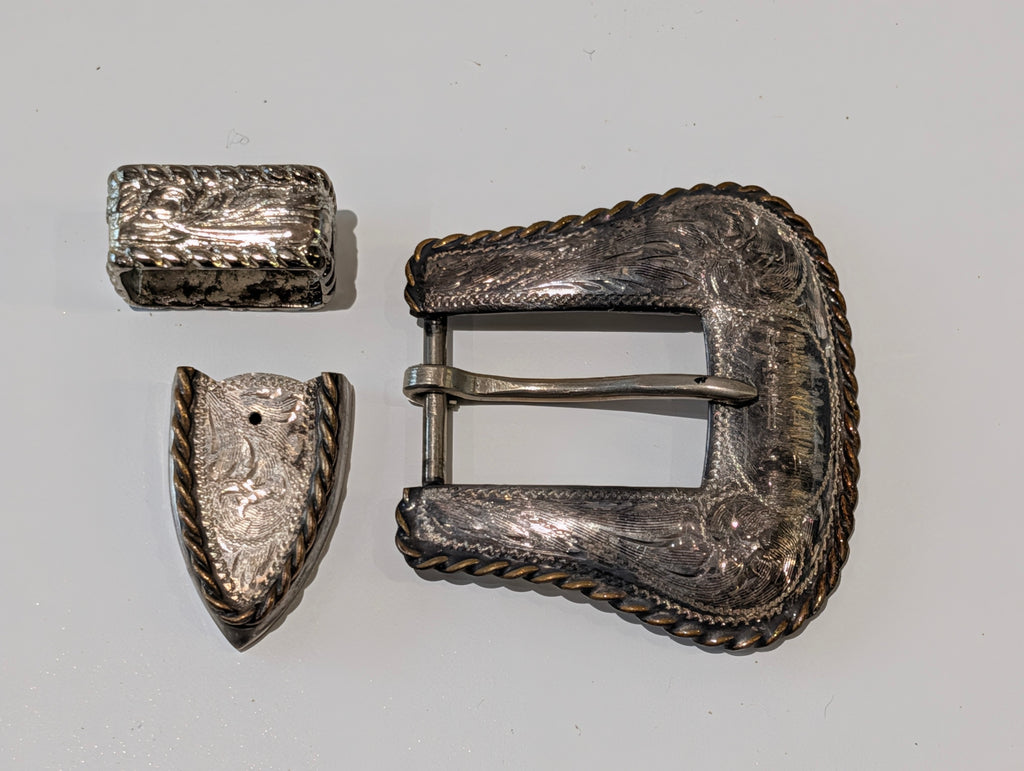 Vintage Western Sterling Silver 33.3g Overlay Ranger Belt Buckle Set Engraved 3Pc