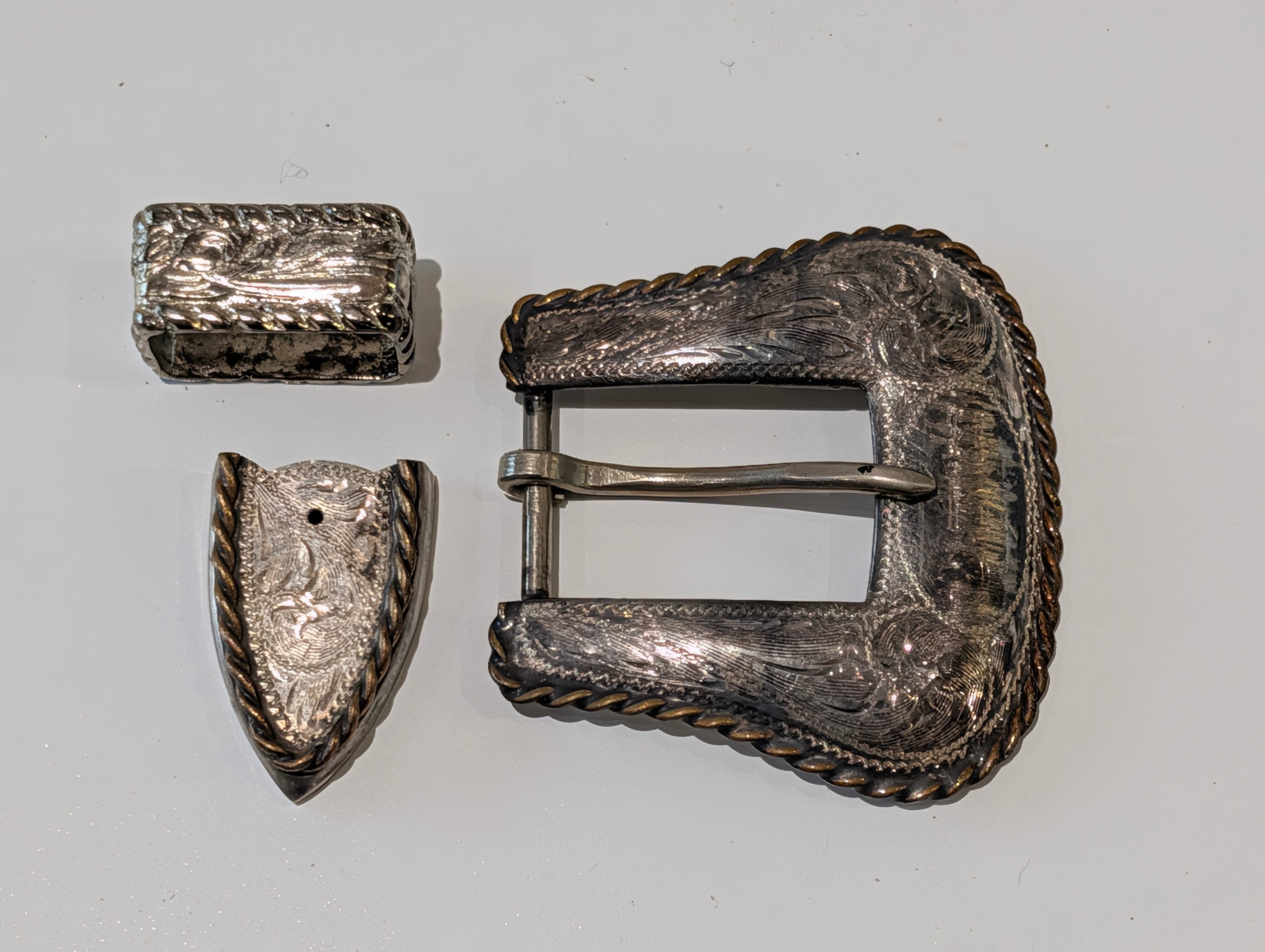 Vintage Western Sterling Silver 33.3g Overlay Ranger Belt Buckle Set Engraved 3Pc