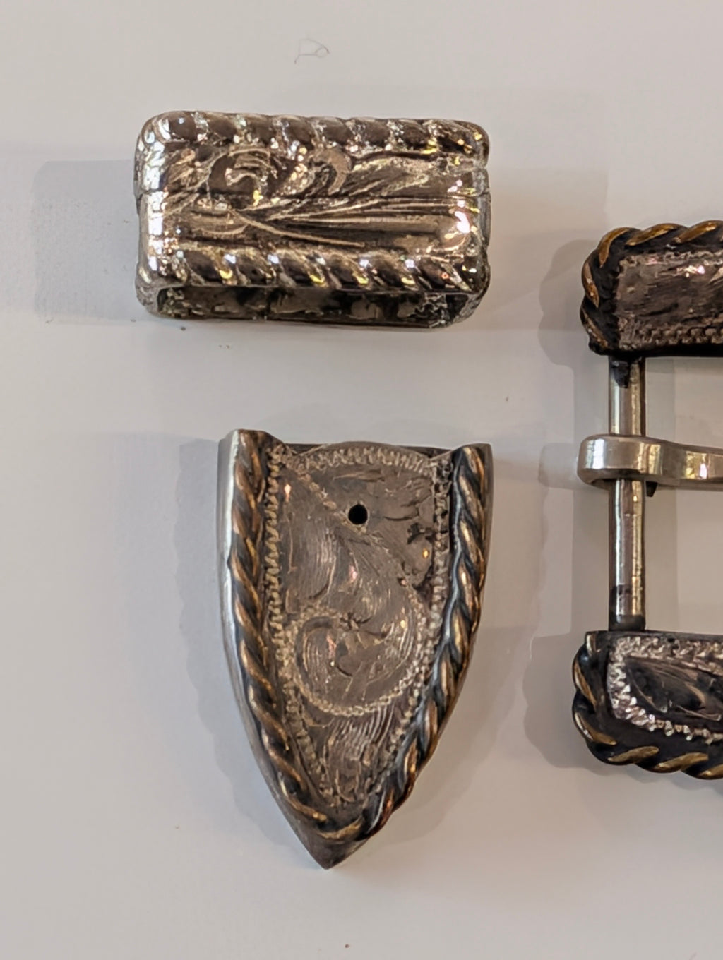 Vintage Western Sterling Silver 33.3g Overlay Ranger Belt Buckle Set Engraved 3Pc