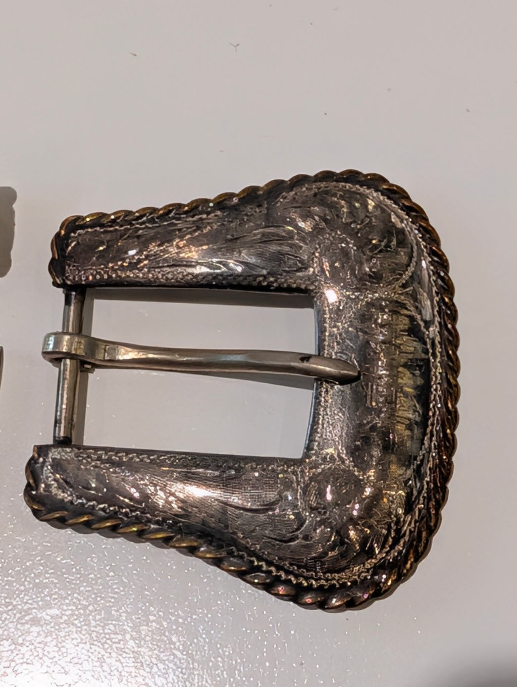 Vintage Western Sterling Silver 33.3g Overlay Ranger Belt Buckle Set Engraved 3Pc