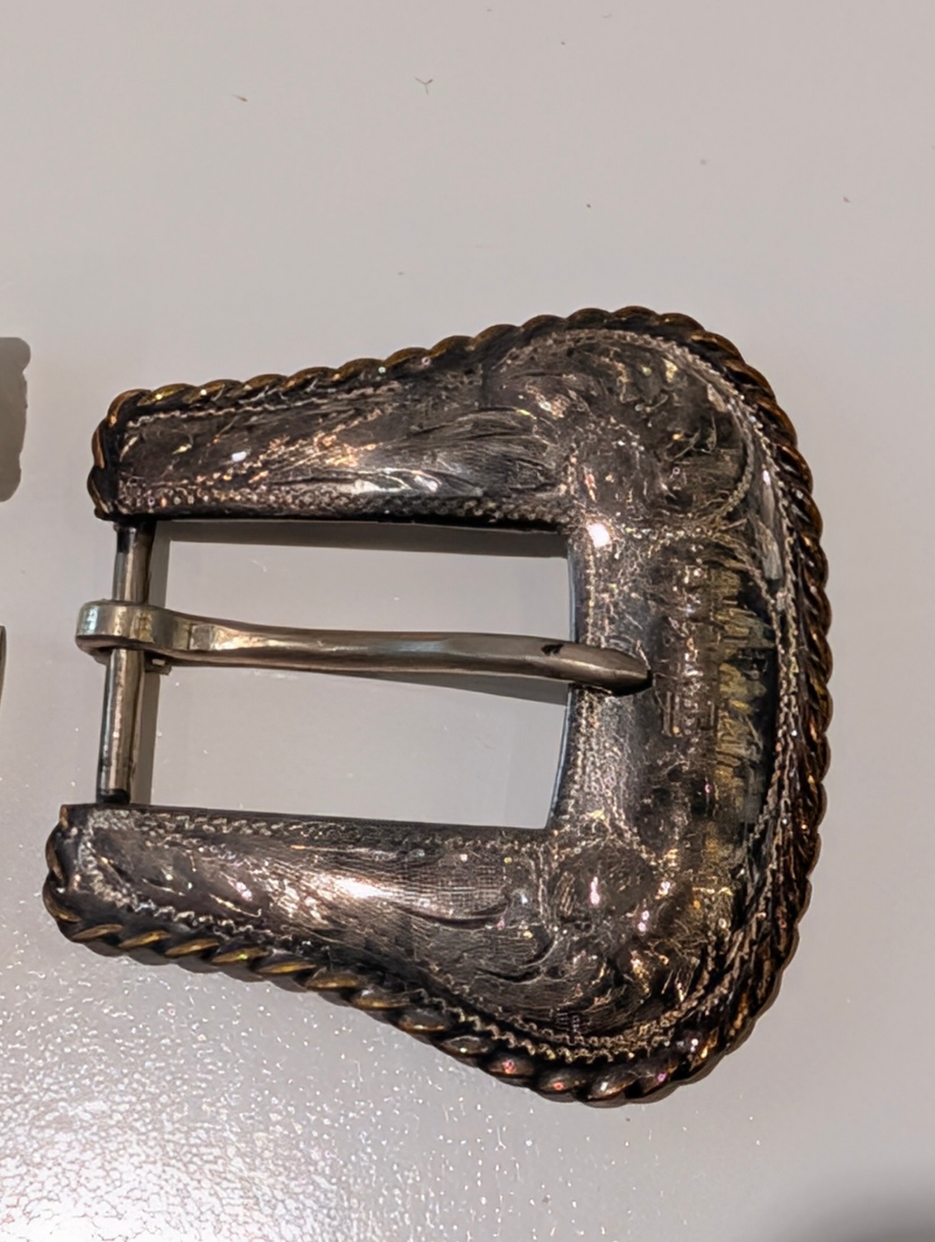 Vintage Western Sterling Silver 33.3g Overlay Ranger Belt Buckle Set Engraved 3Pc