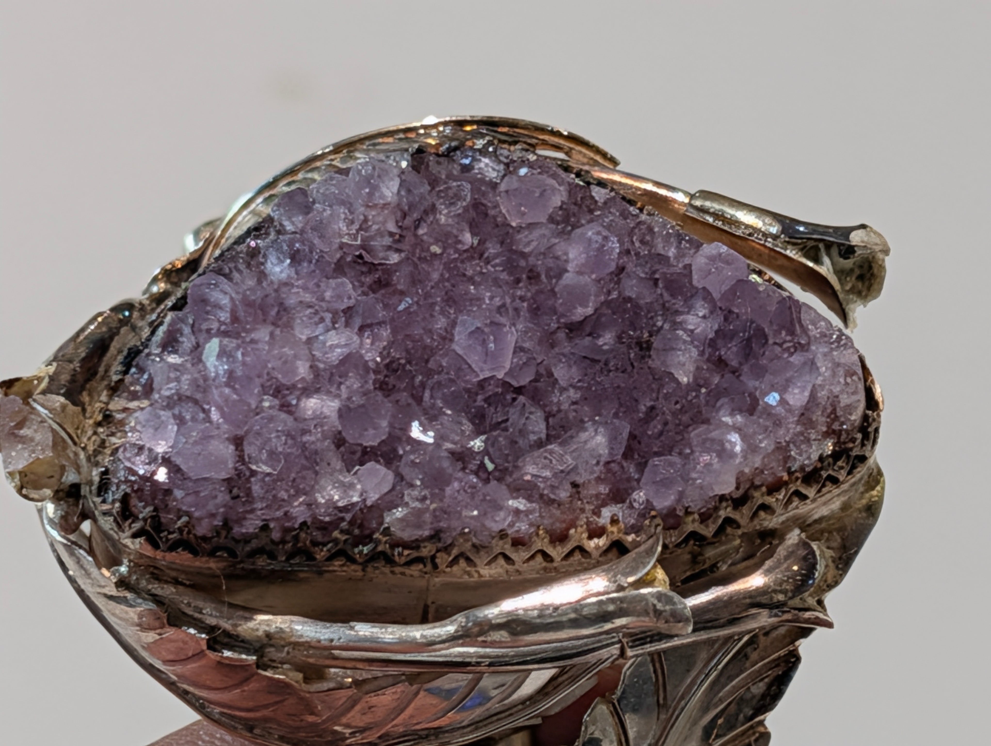 Vintage Sterling Silver Amethyst Druzy Cuff Bracelet Floral Leaf Design 84.7g