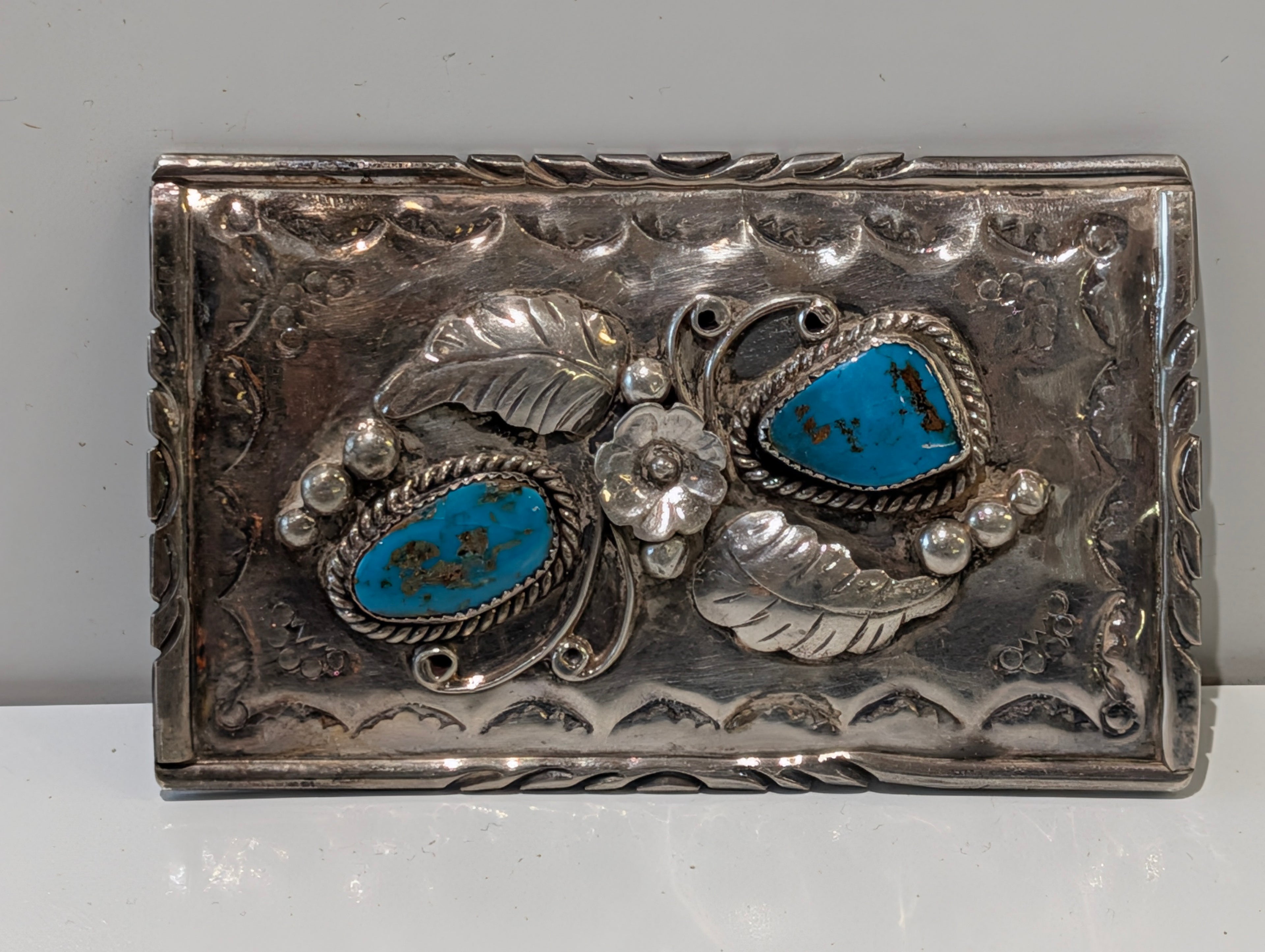 Vintage Navajo Sterling Silver Turquoise Concho Belt Piece Thomas Charlie TC