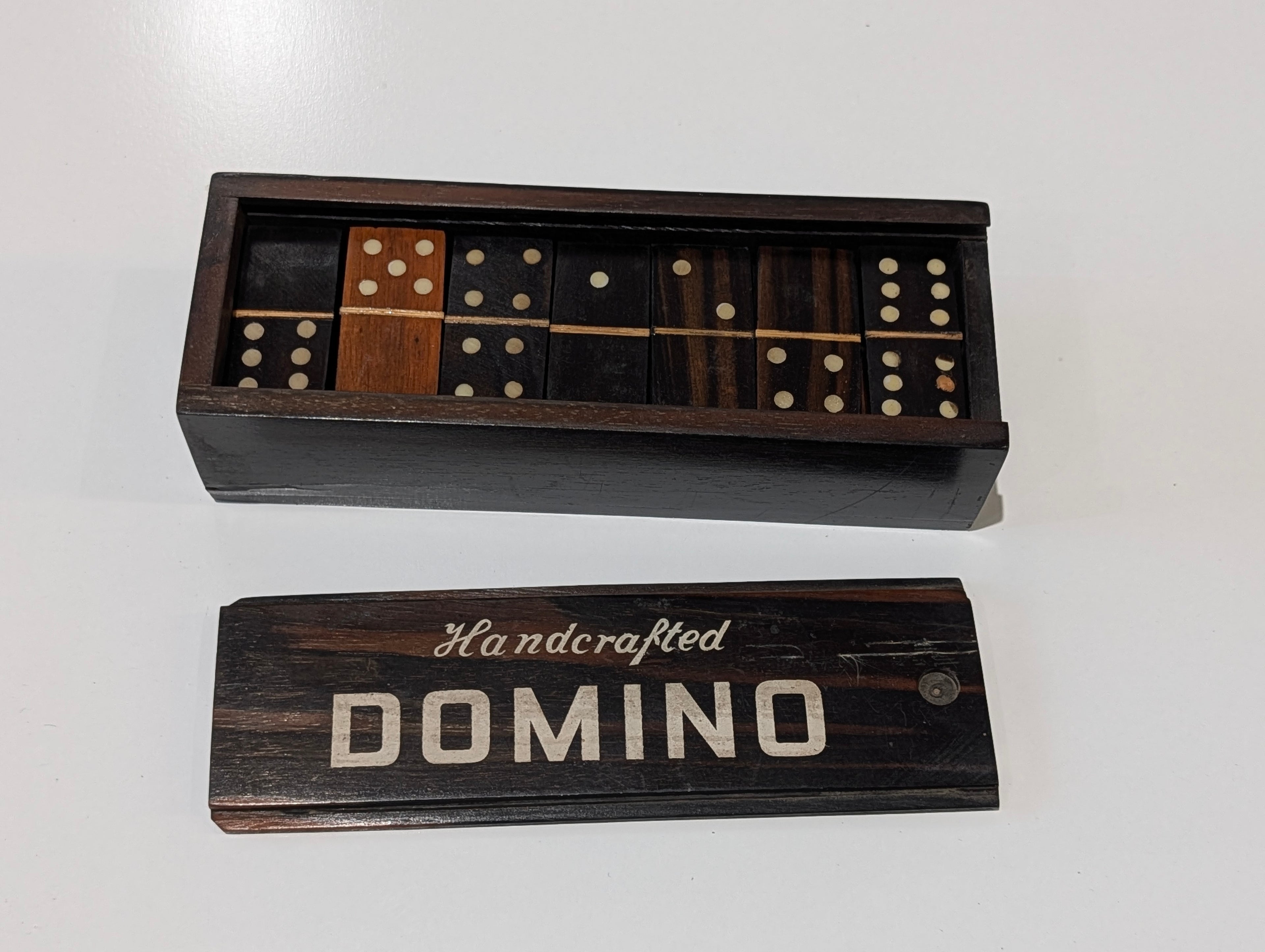 Vintage Handcrafted Wooden Domino Set Box Sliding Lid Complete Game Tiles