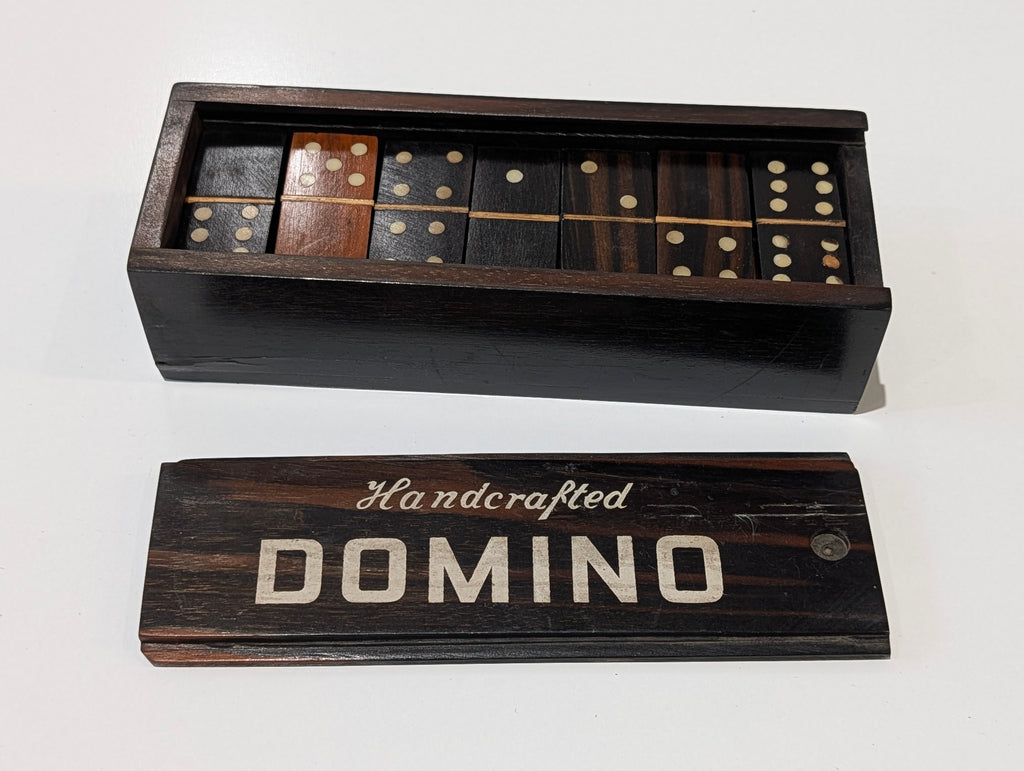 Vintage Handcrafted Wooden Domino Set Box Sliding Lid Complete Game Tiles