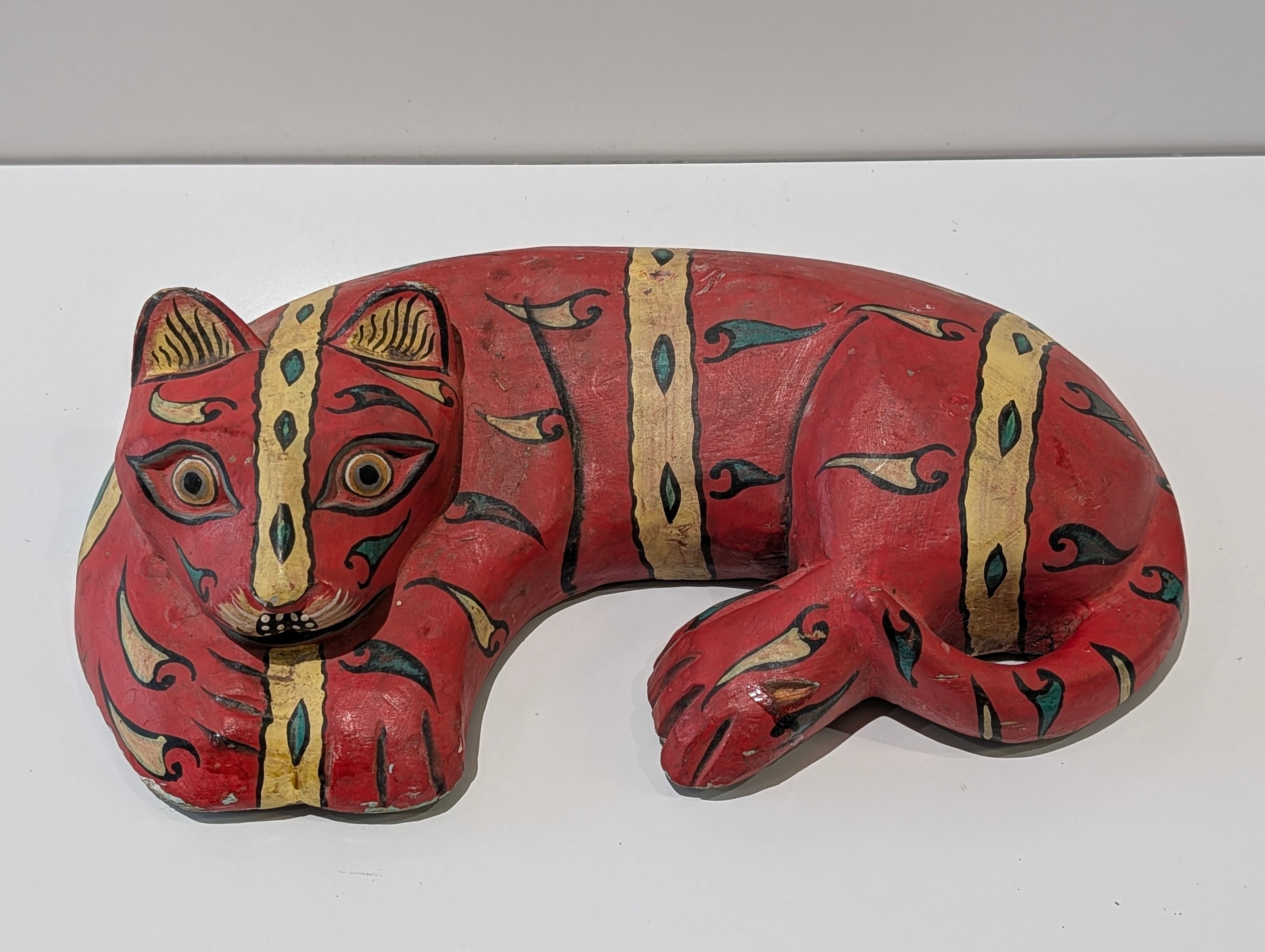 Vintage Hand Painted Wooden Cat Sculpture Folk Art Red Carved Decor Piece