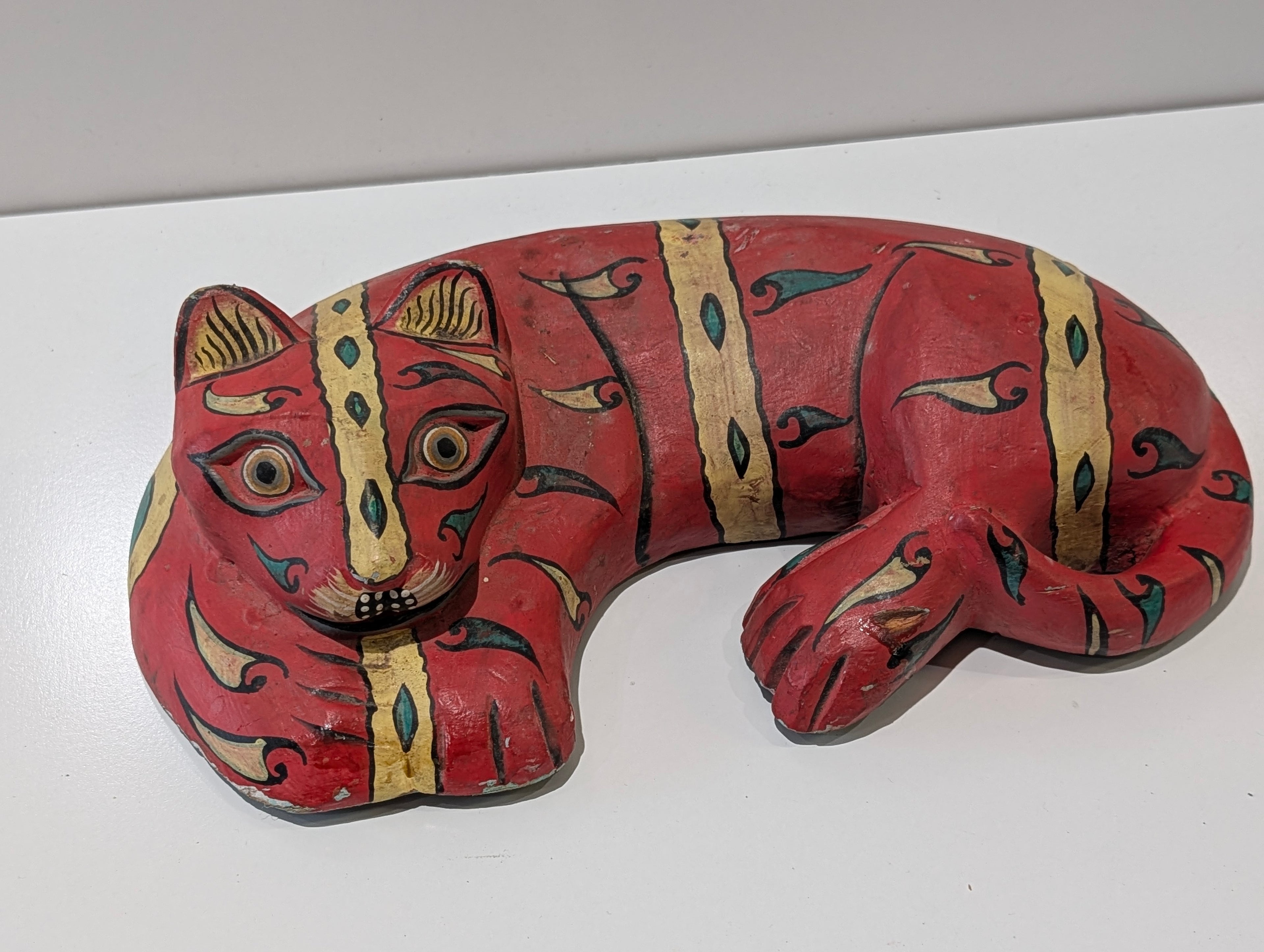 Vintage Hand Painted Wooden Cat Sculpture Folk Art Red Carved Decor Piece
