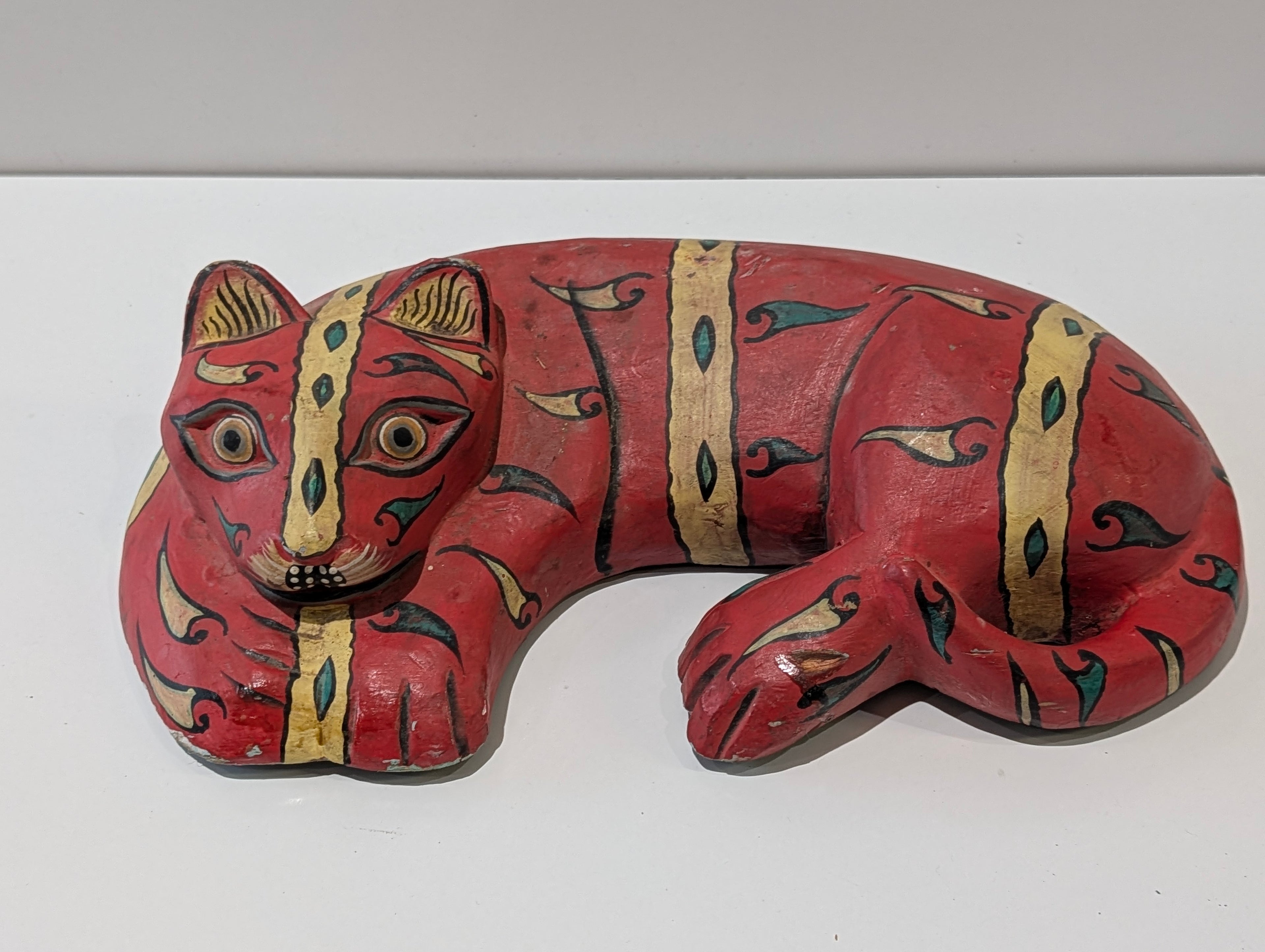 Vintage Hand Painted Wooden Cat Sculpture Folk Art Red Carved Decor Piece