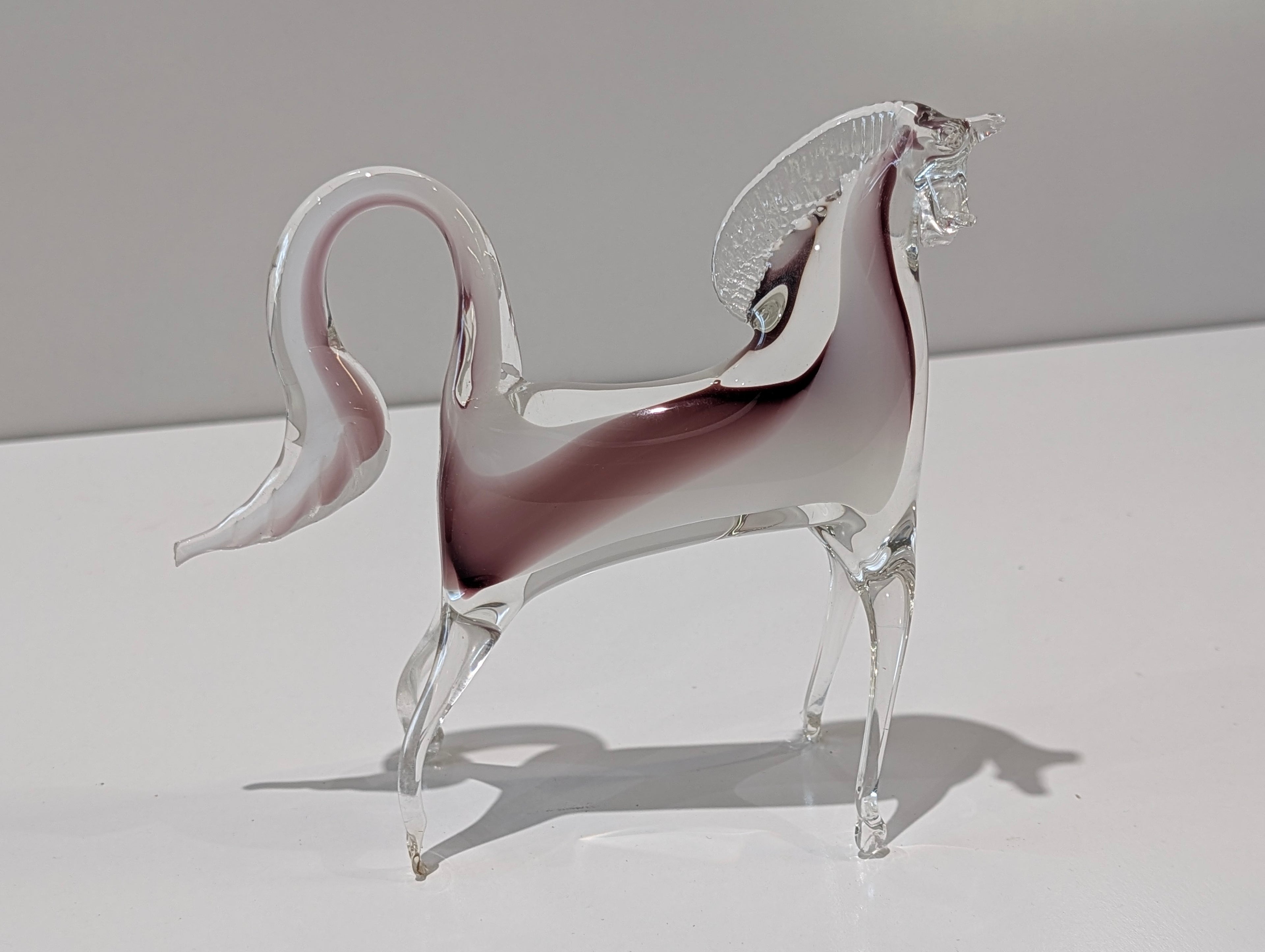 Vintage Murano Style Art Glass Horse Figurine Clear Purple Swirl Decor