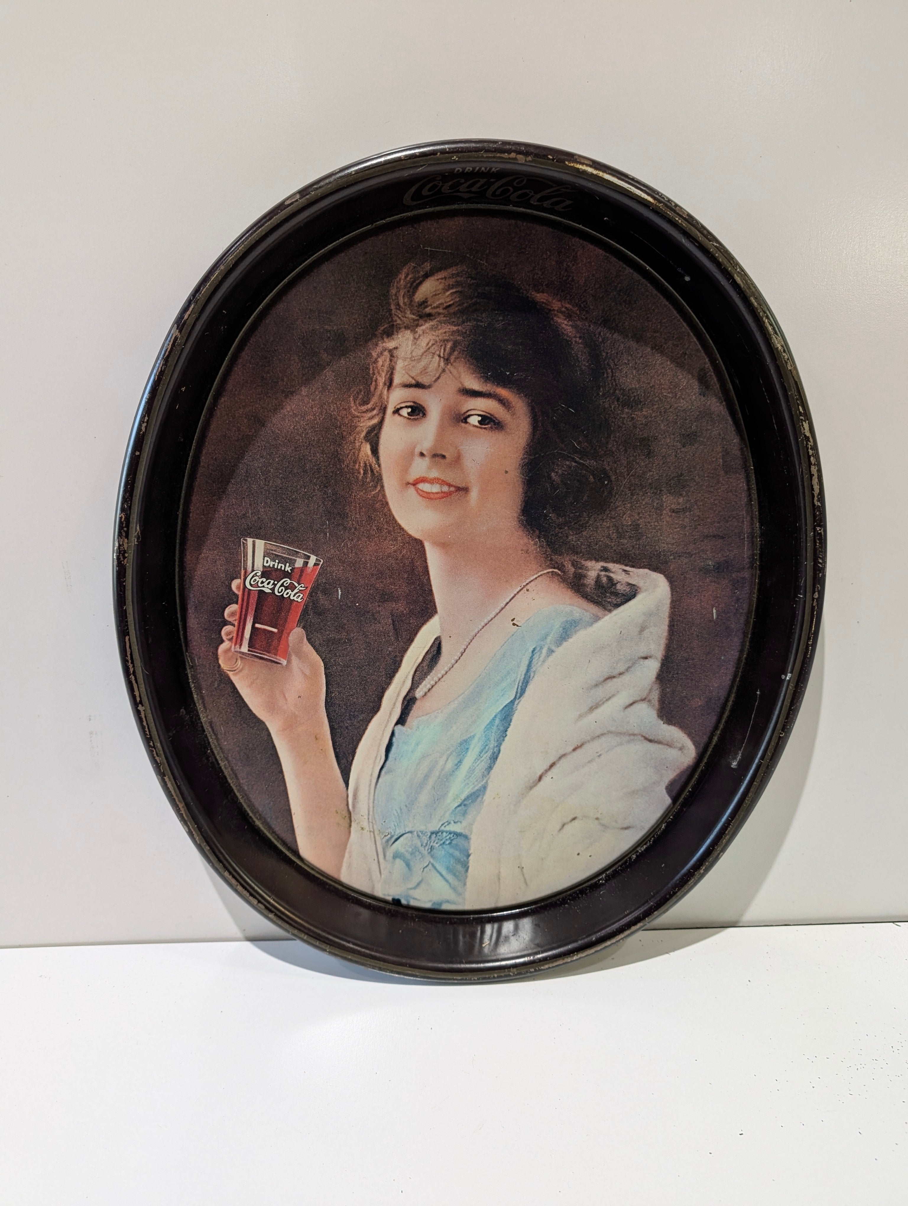 Vintage Coca Cola Serving Tray Flapper Girl Portrait Round Tin Advertising