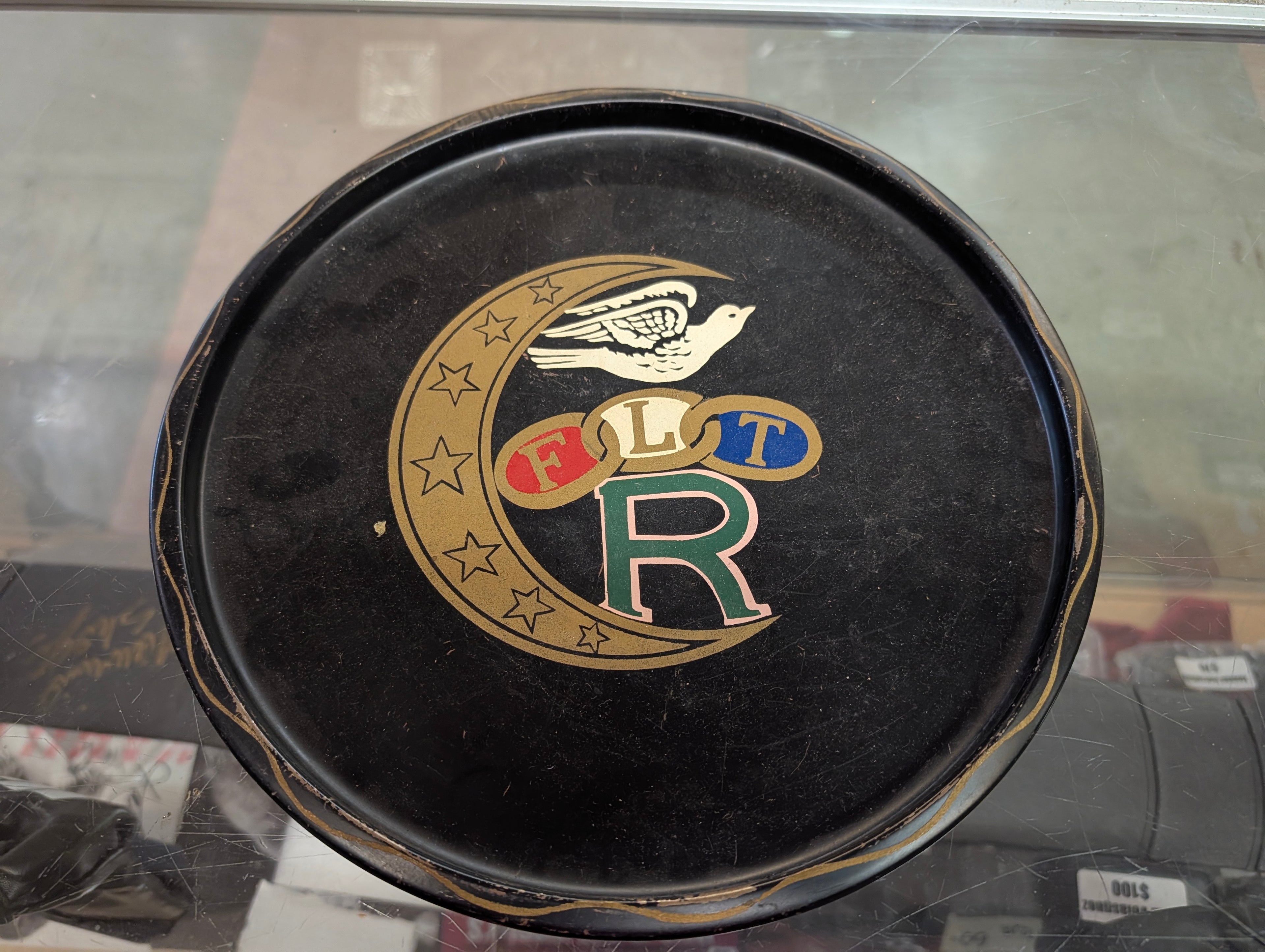 Vintage FLTR Round Metal Serving Tray Black Gold Dove Crescent Star Design