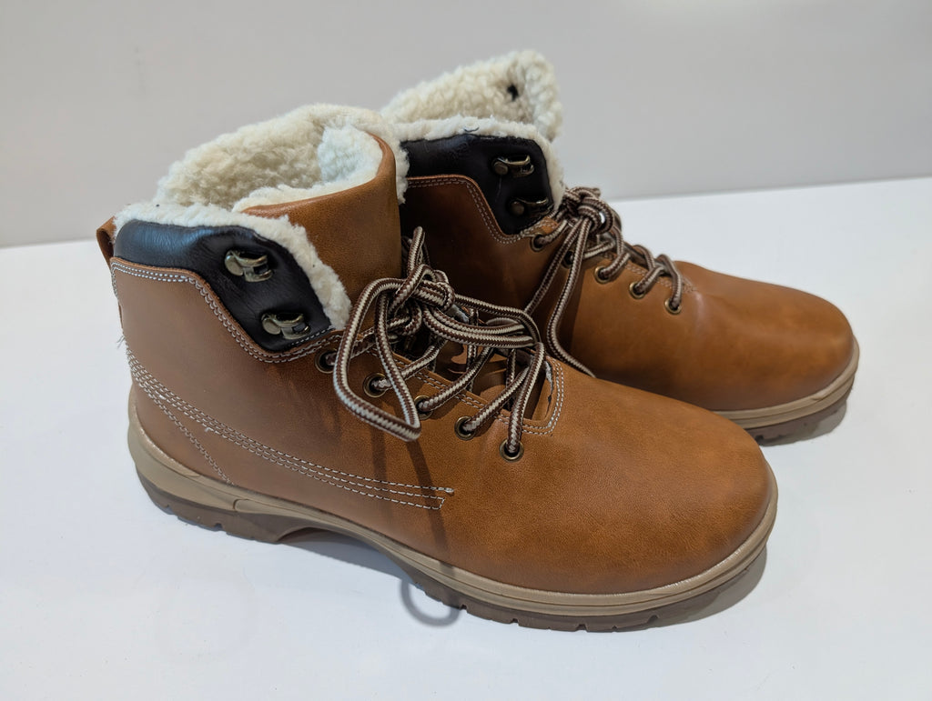 Brown Leather Sherpa Lined Work Boots Size 41 Lace Up Hiking Winter Ankle Boots