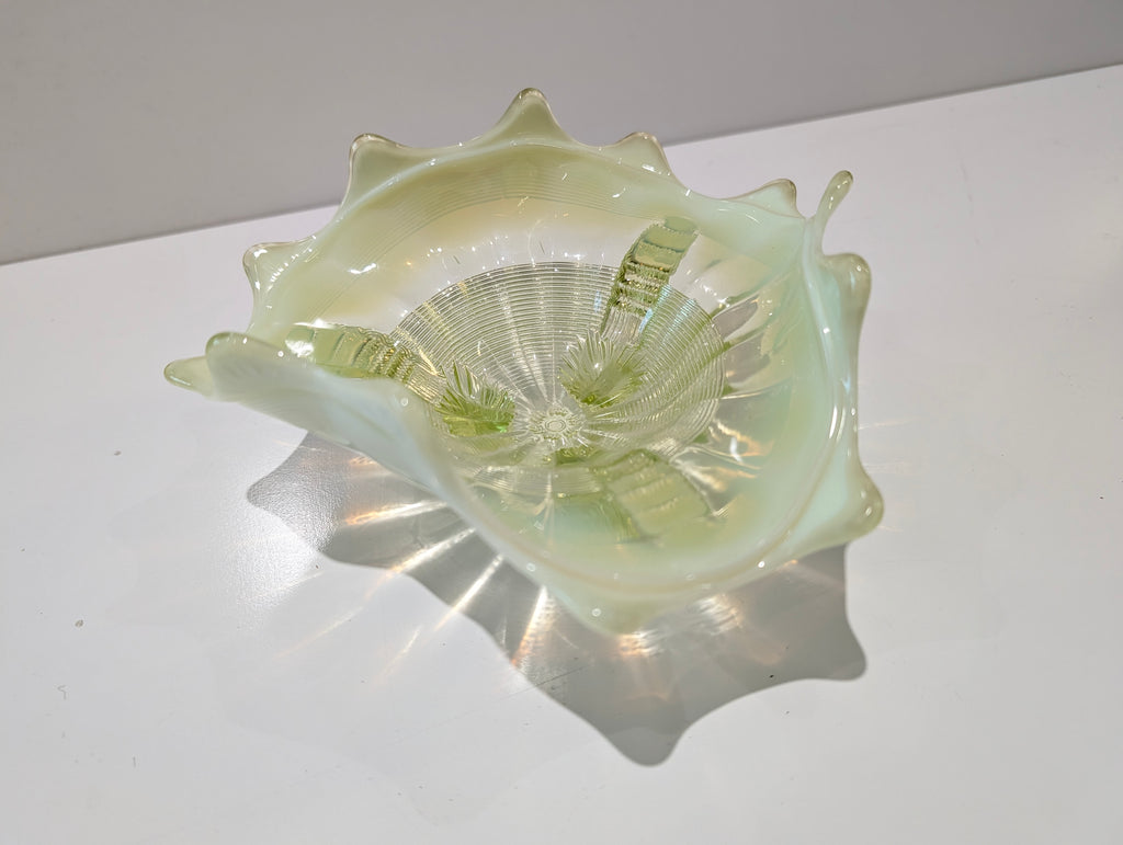 Vintage Uranium Glass Footed Bowl Vaseline Green UV Reactive Art Glass Dish