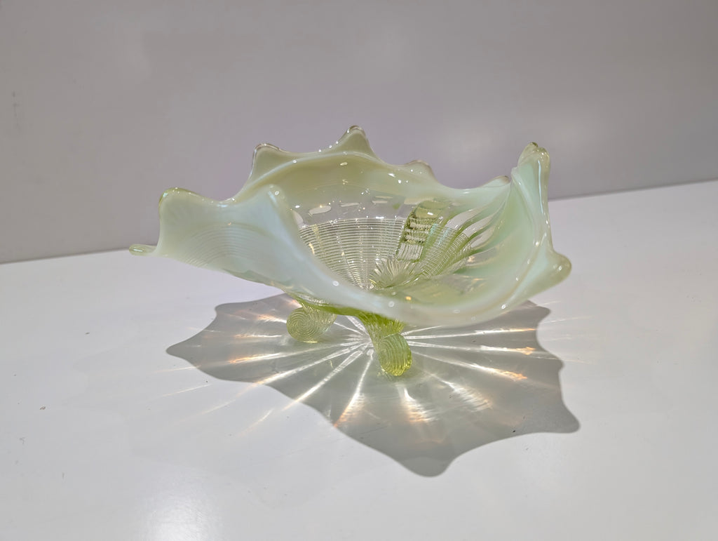Vintage Uranium Glass Footed Bowl Vaseline Green UV Reactive Art Glass Dish