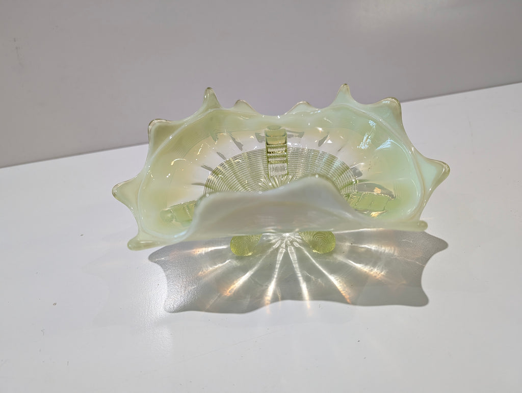 Vintage Uranium Glass Footed Bowl Vaseline Green UV Reactive Art Glass Dish