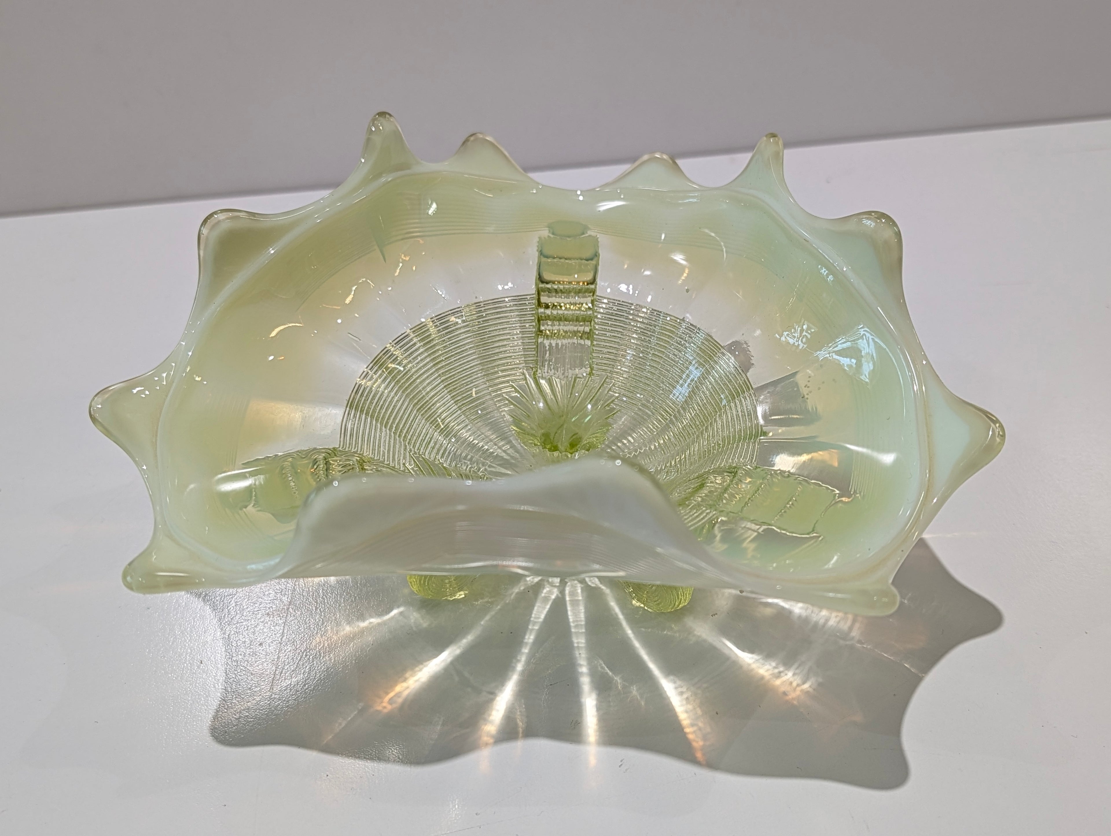 Vintage Uranium Glass Footed Bowl Vaseline Green UV Reactive Art Glass Dish
