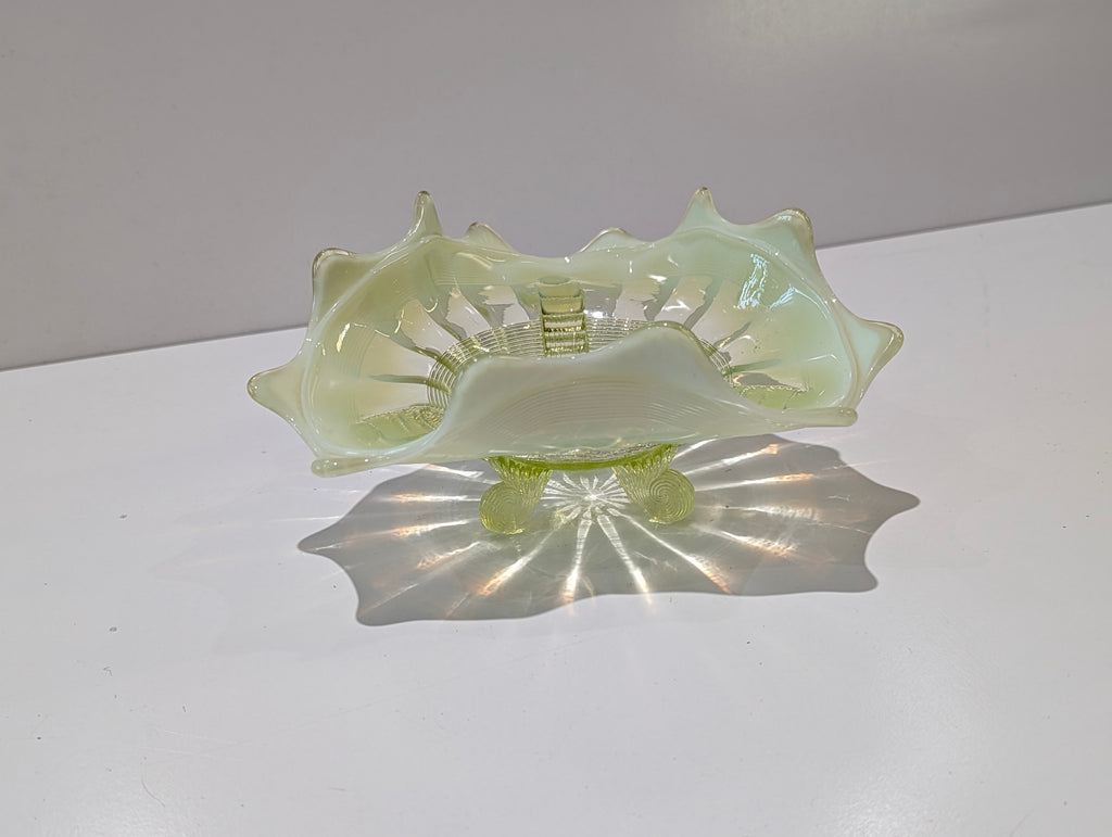 Vintage Uranium Glass Footed Bowl Vaseline Green UV Reactive Art Glass Dish