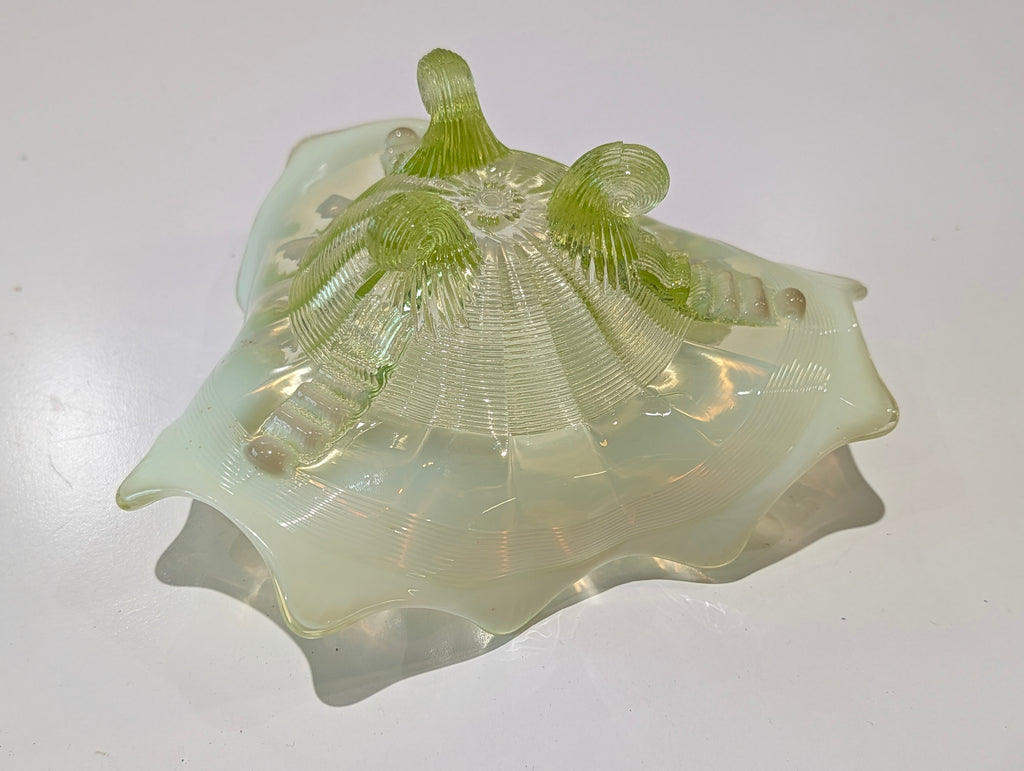 Vintage Uranium Glass Footed Bowl Vaseline Green UV Reactive Art Glass Dish