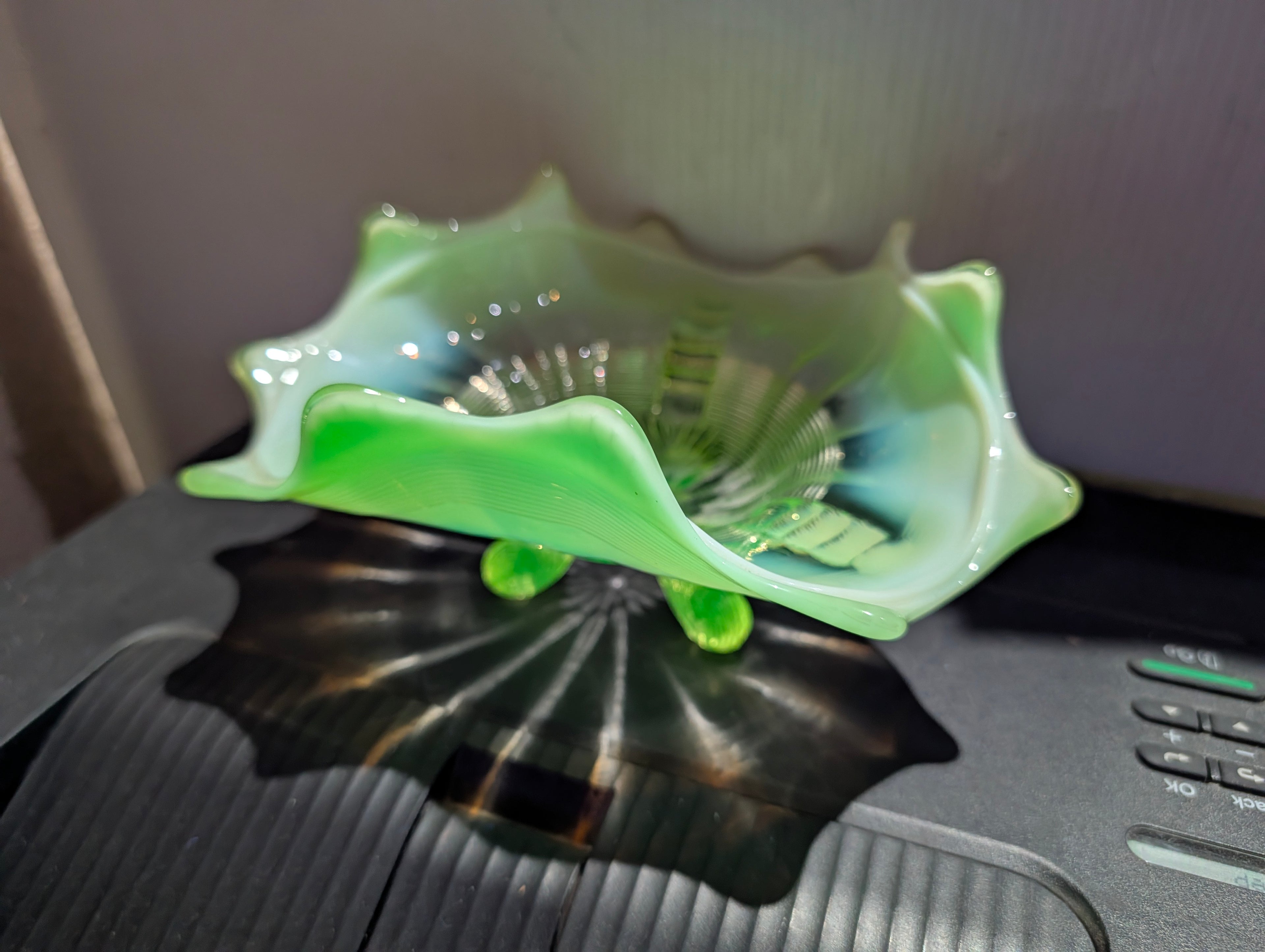 Vintage Uranium Glass Footed Bowl Vaseline Green UV Reactive Art Glass Dish