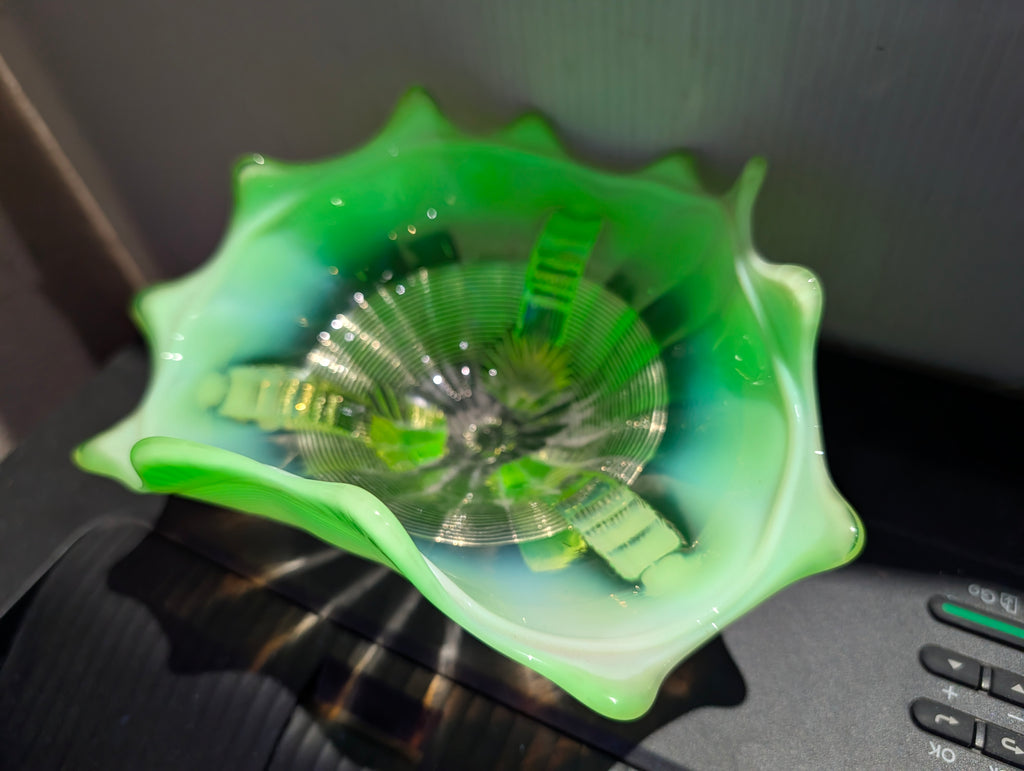 Vintage Uranium Glass Footed Bowl Vaseline Green UV Reactive Art Glass Dish