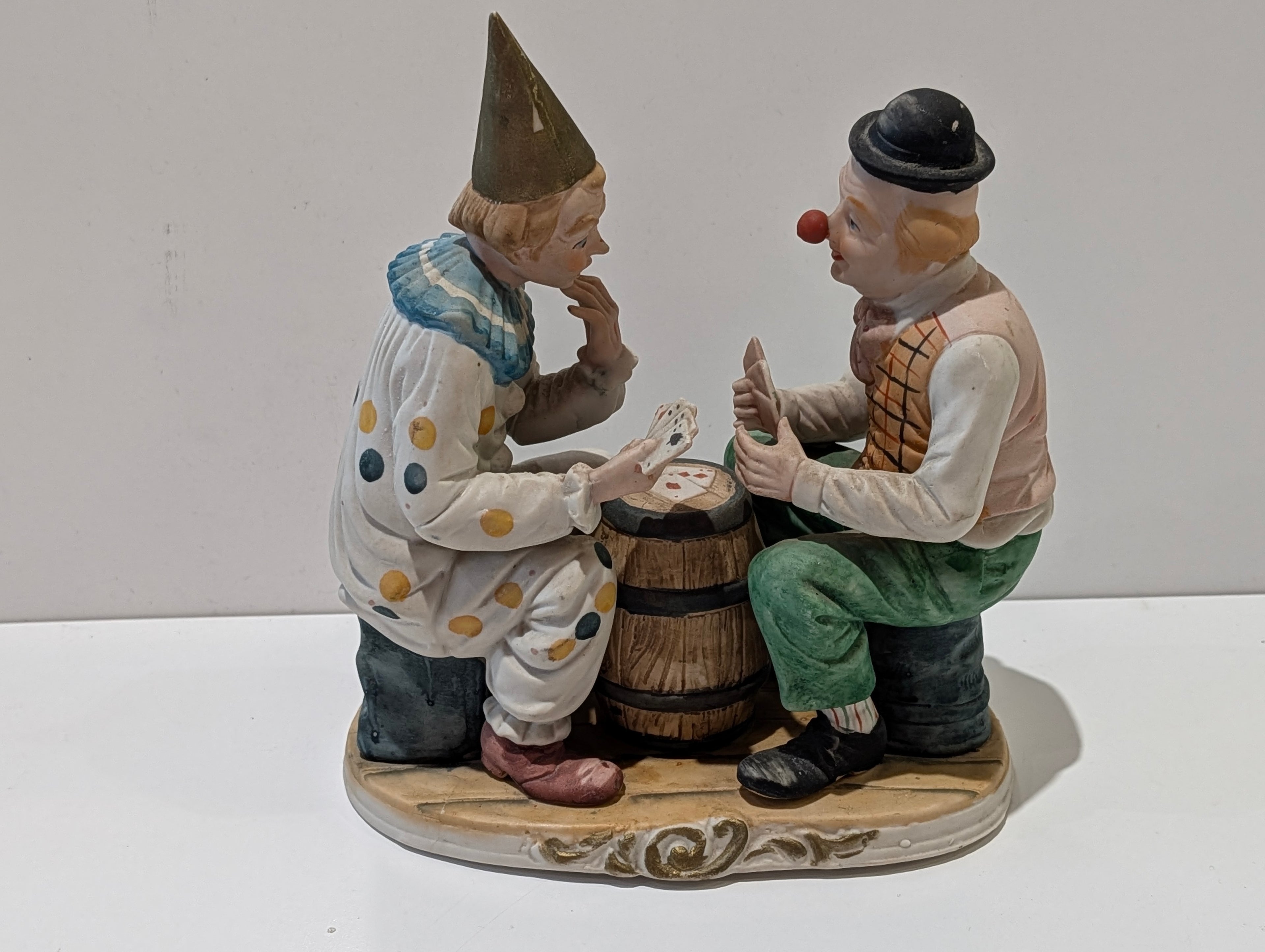 Vintage Porcelain Clown Figurine Card Game Scene Barrel Table Hand Painted Decor