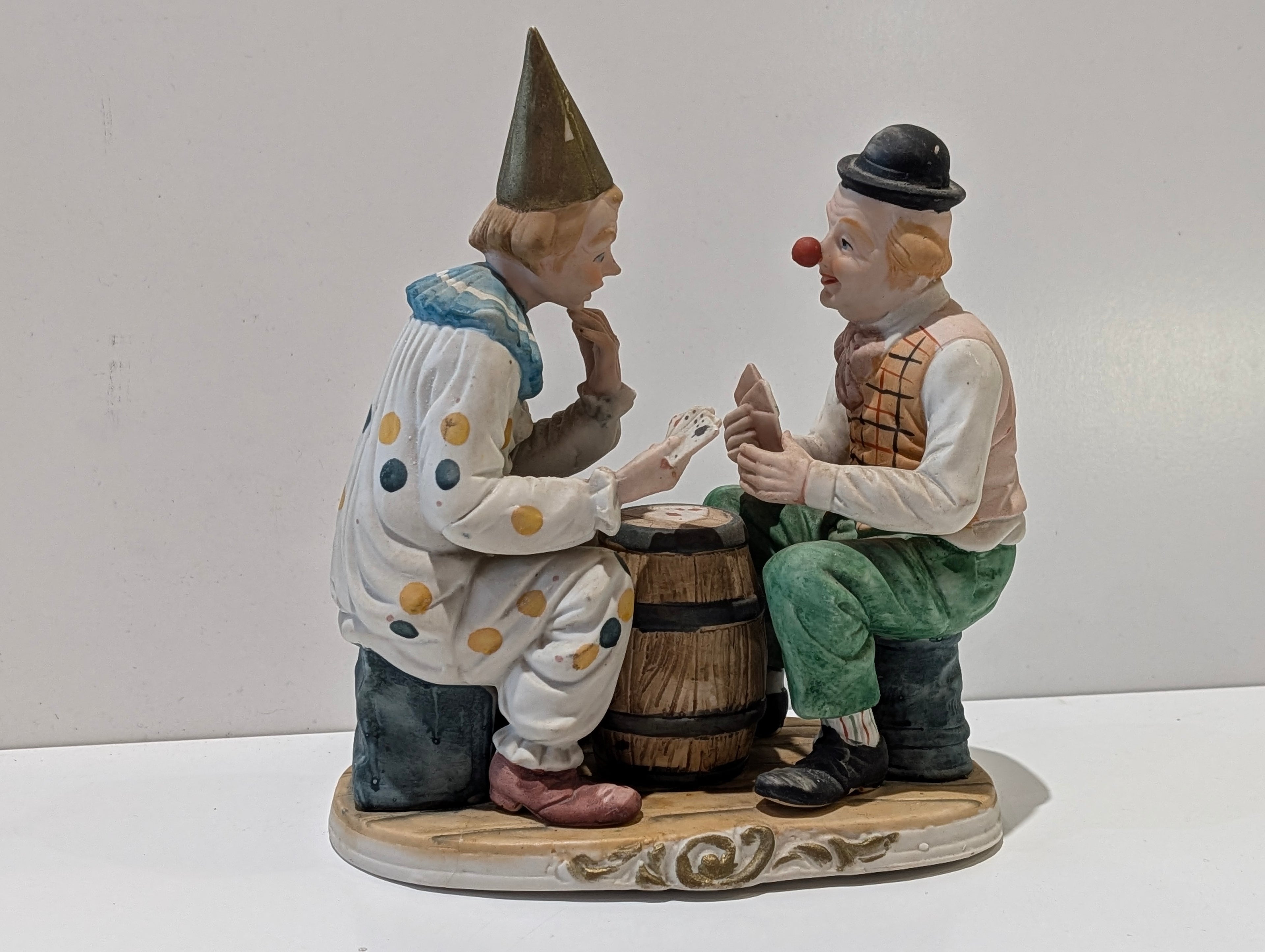 Vintage Porcelain Clown Figurine Card Game Scene Barrel Table Hand Painted Decor