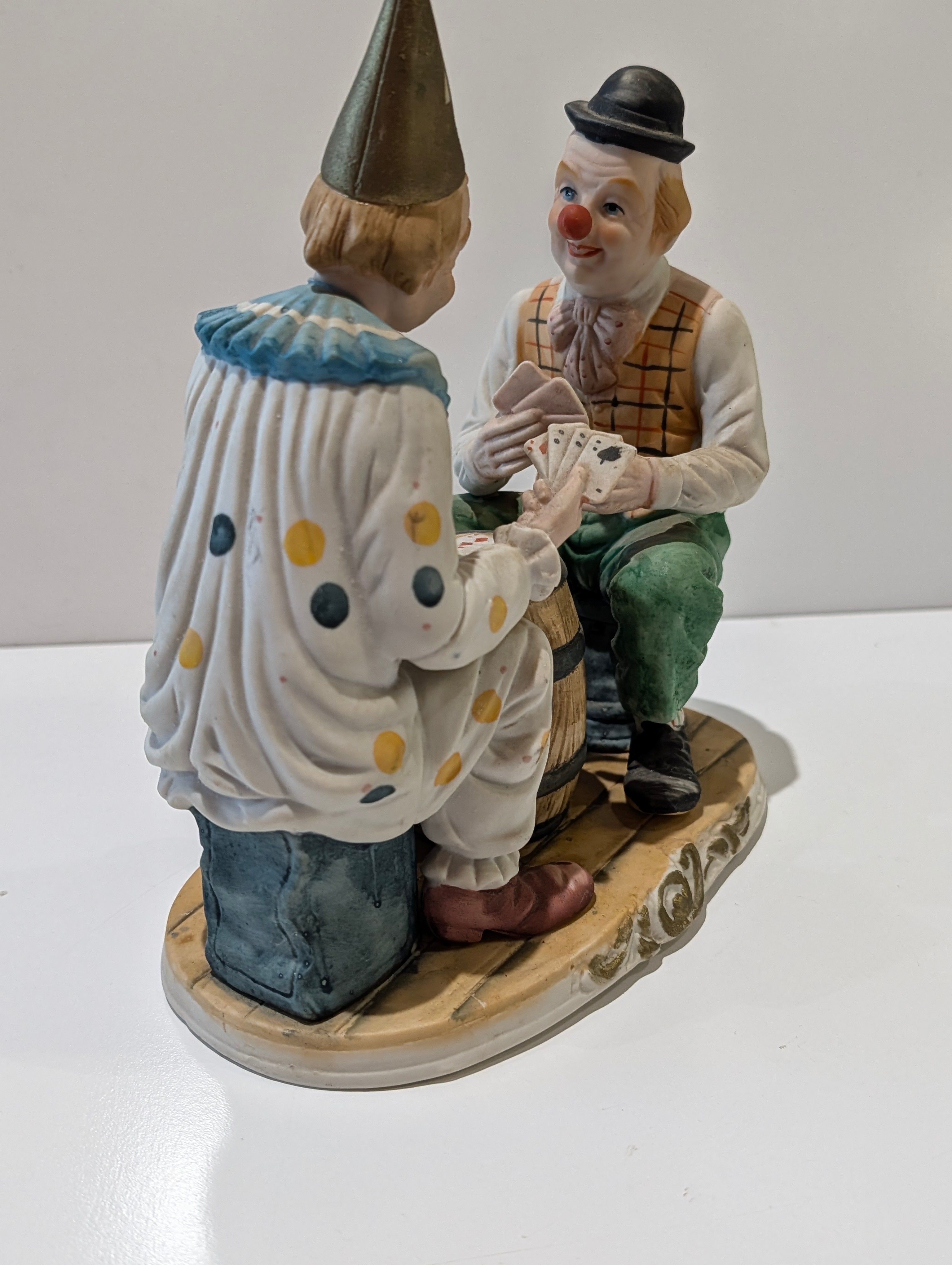 Vintage Porcelain Clown Figurine Card Game Scene Barrel Table Hand Painted Decor