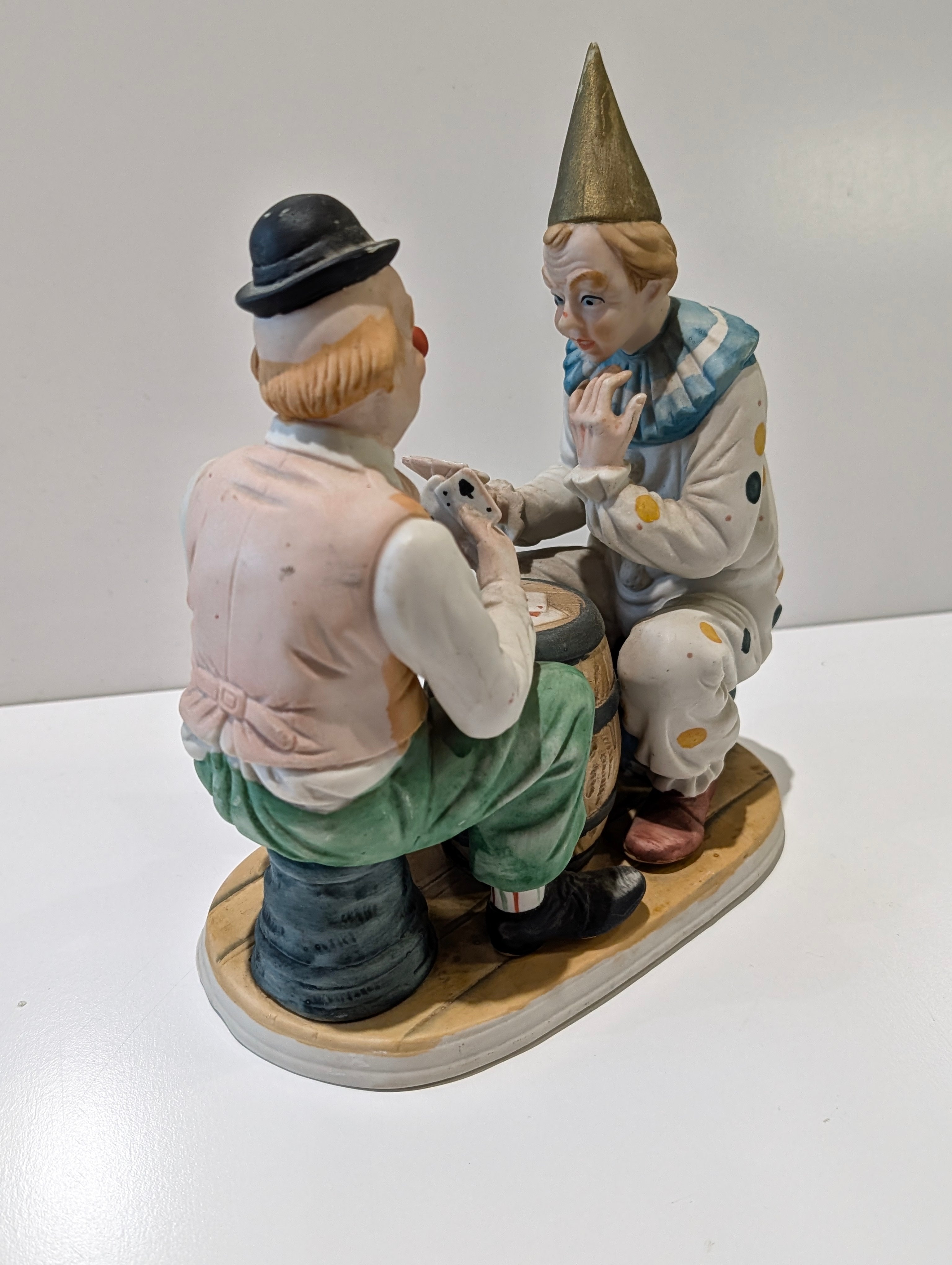 Vintage Porcelain Clown Figurine Card Game Scene Barrel Table Hand Painted Decor