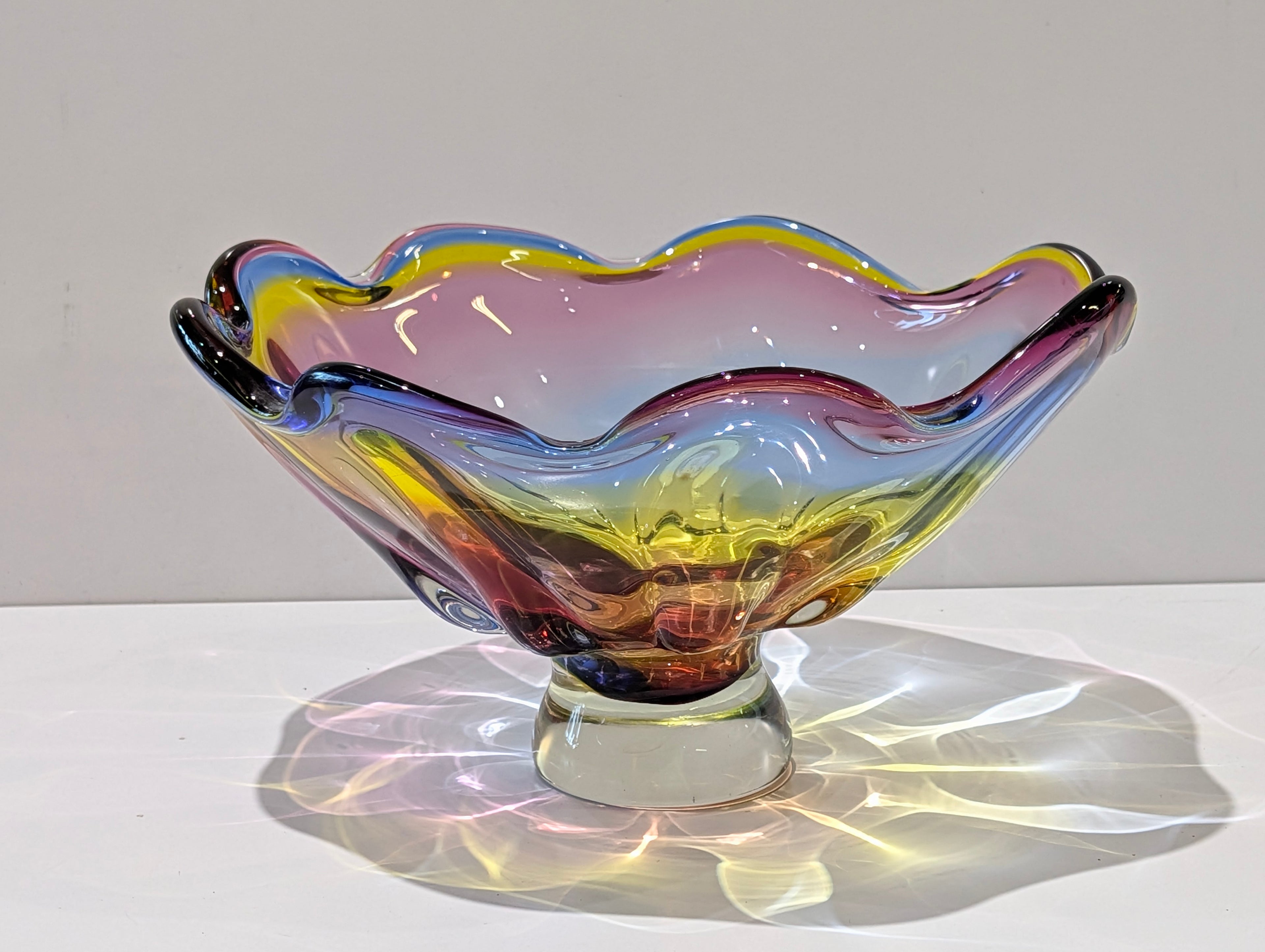 Vintage Murano Style Hand Blown Art Glass Centerpiece Bowl Rainbow Ruffle Edge