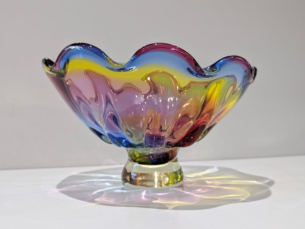 Vintage Murano Style Hand Blown Art Glass Centerpiece Bowl Rainbow Ruffle Edge