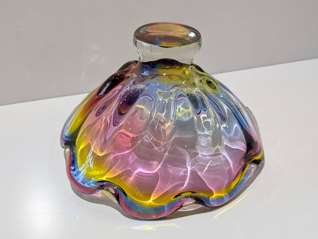Vintage Murano Style Hand Blown Art Glass Centerpiece Bowl Rainbow Ruffle Edge