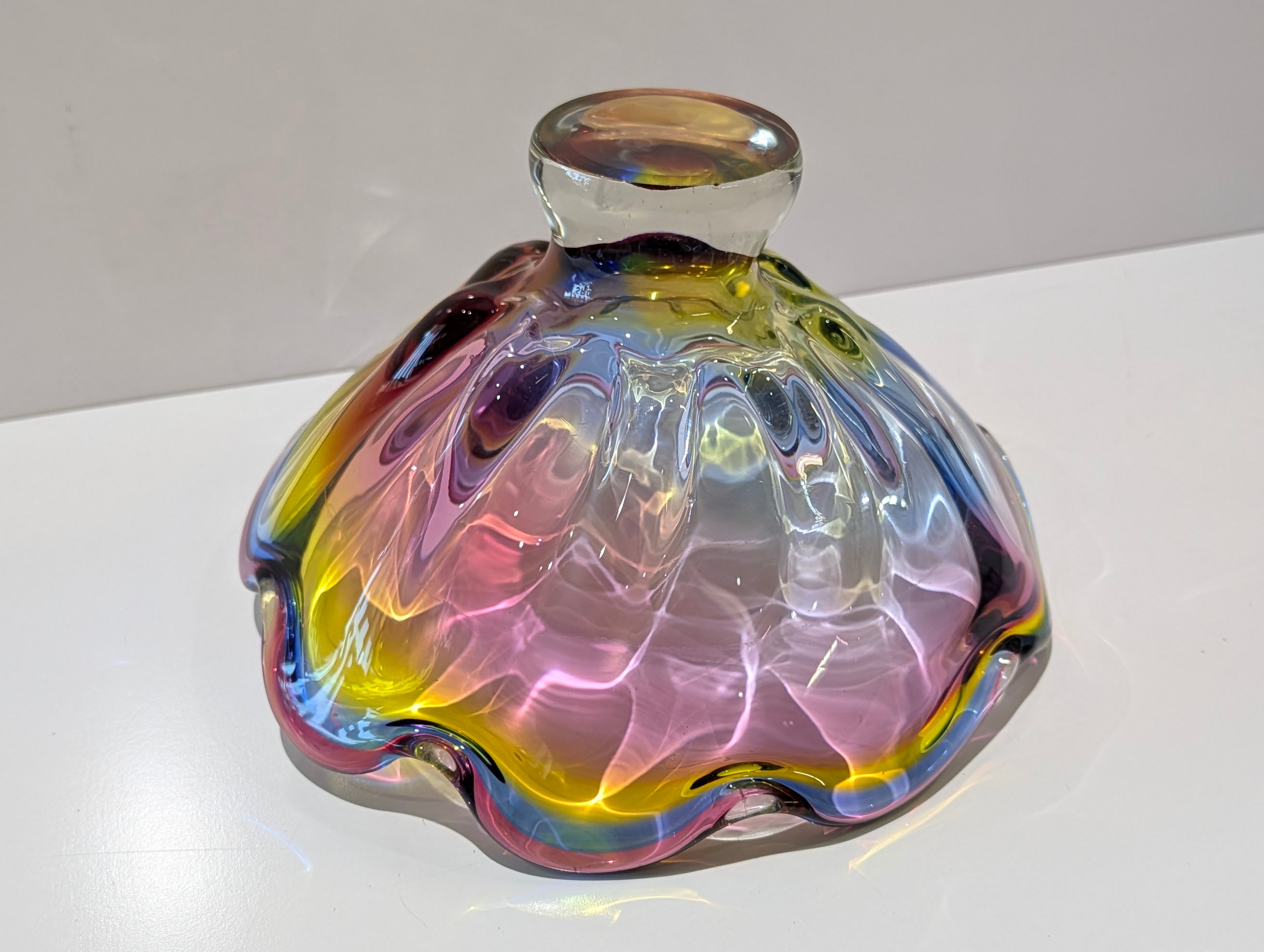 Vintage Murano Style Hand Blown Art Glass Centerpiece Bowl Rainbow Ruffle Edge