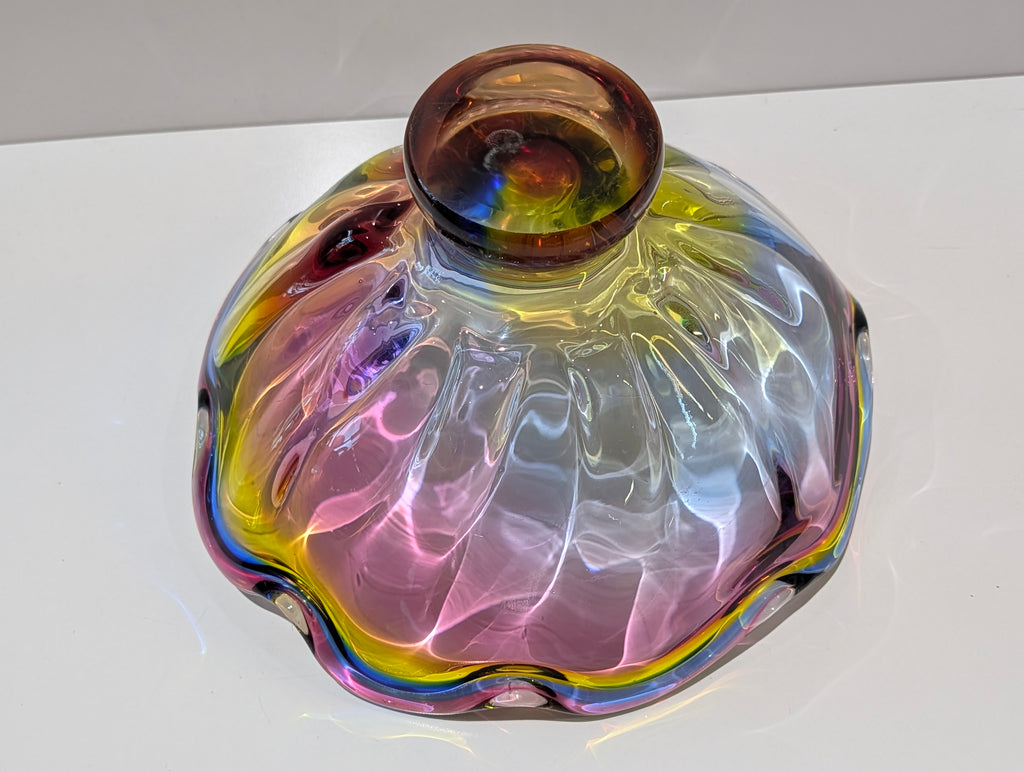 Vintage Murano Style Hand Blown Art Glass Centerpiece Bowl Rainbow Ruffle Edge