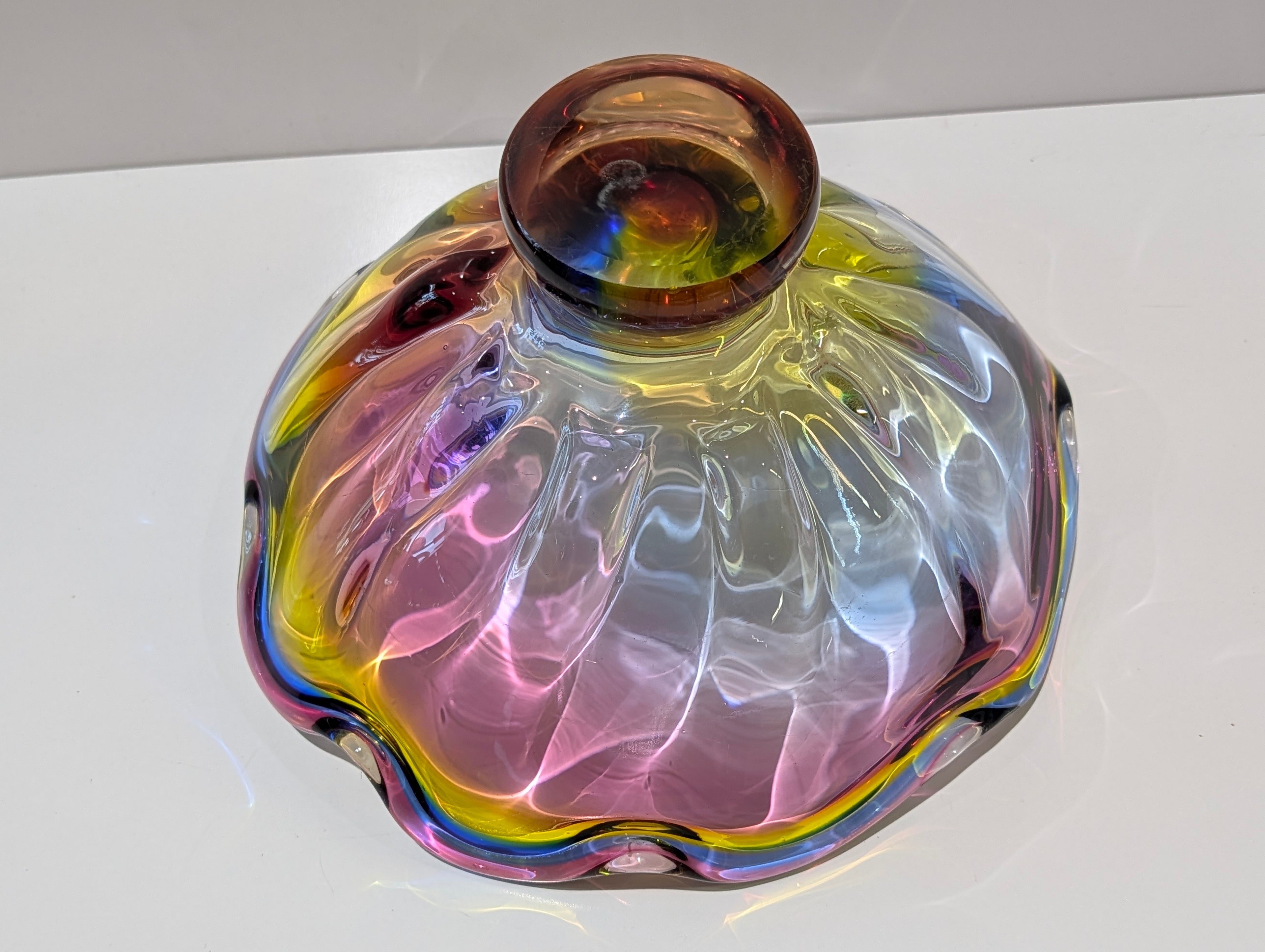 Vintage Murano Style Hand Blown Art Glass Centerpiece Bowl Rainbow Ruffle Edge