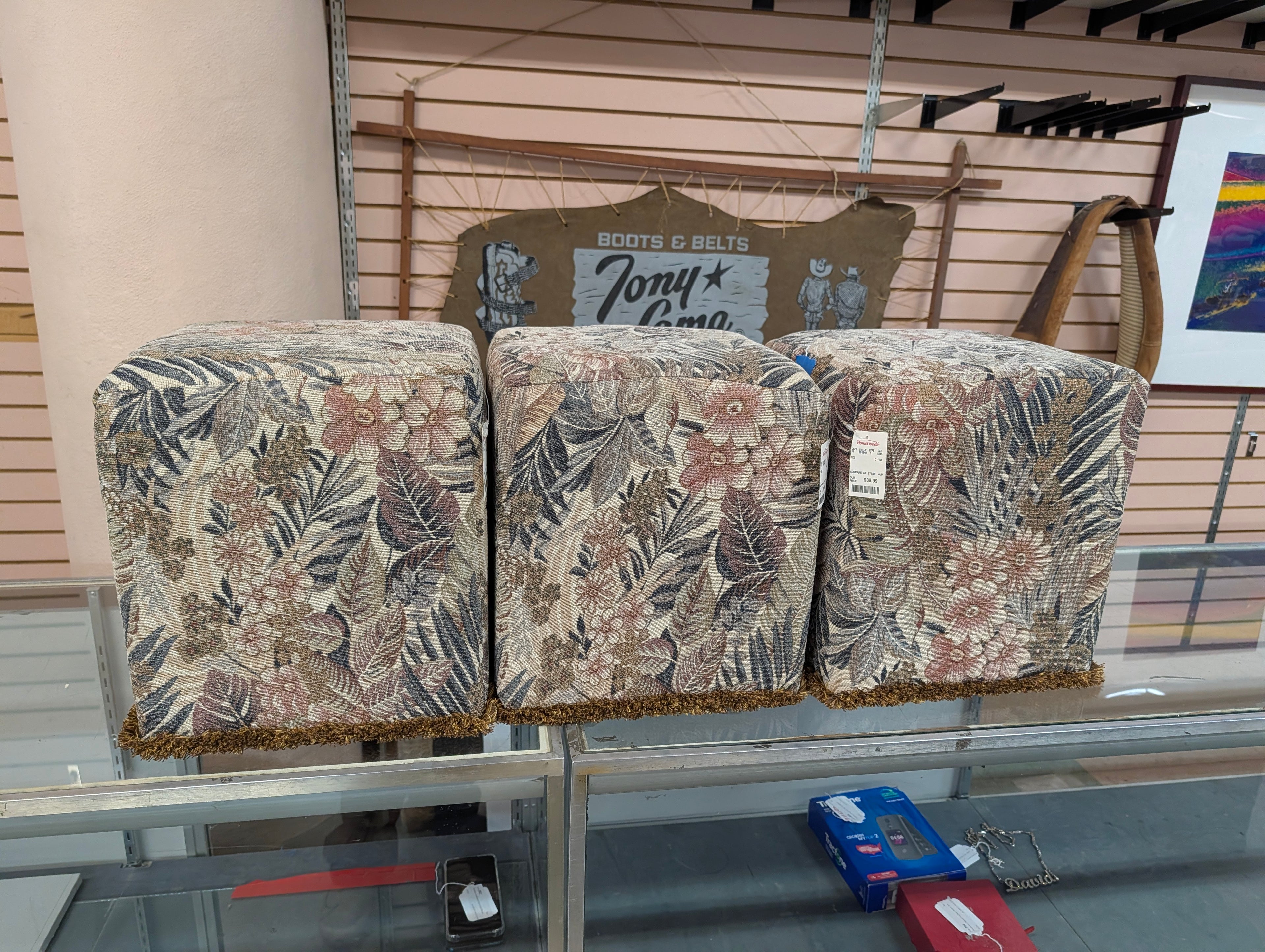 Set Of 3 Floral Upholstered Cube Ottomans Footstools Fringe Trim Decor