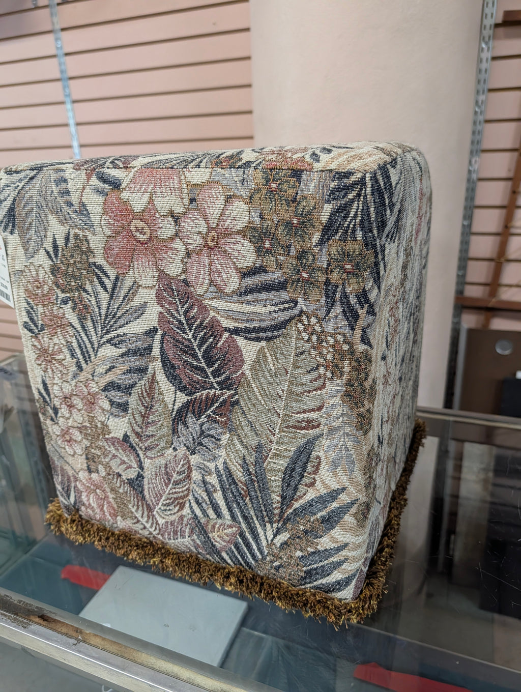 Set Of 3 Floral Upholstered Cube Ottomans Footstools Fringe Trim Decor