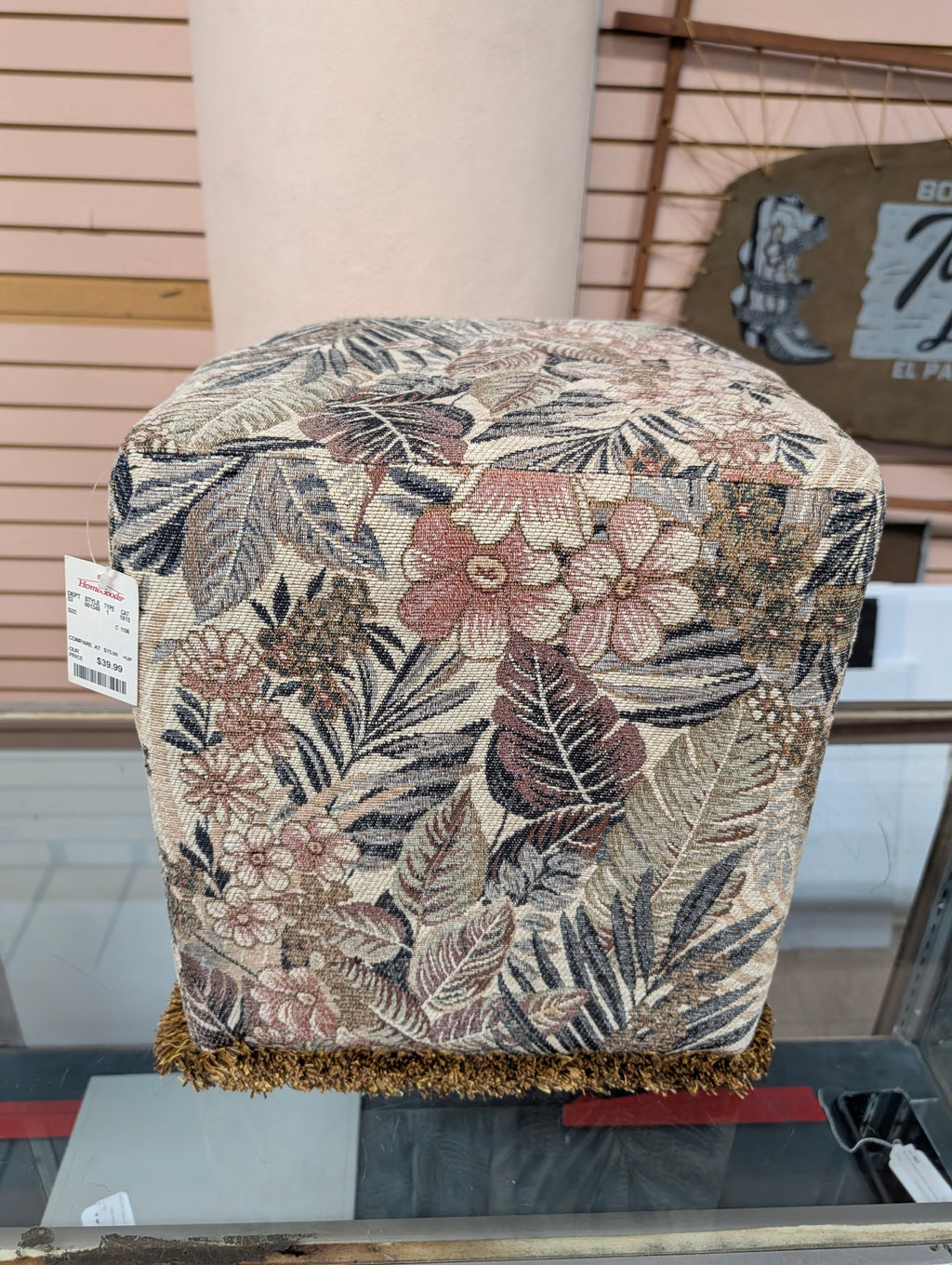 Set Of 3 Floral Upholstered Cube Ottomans Footstools Fringe Trim Decor