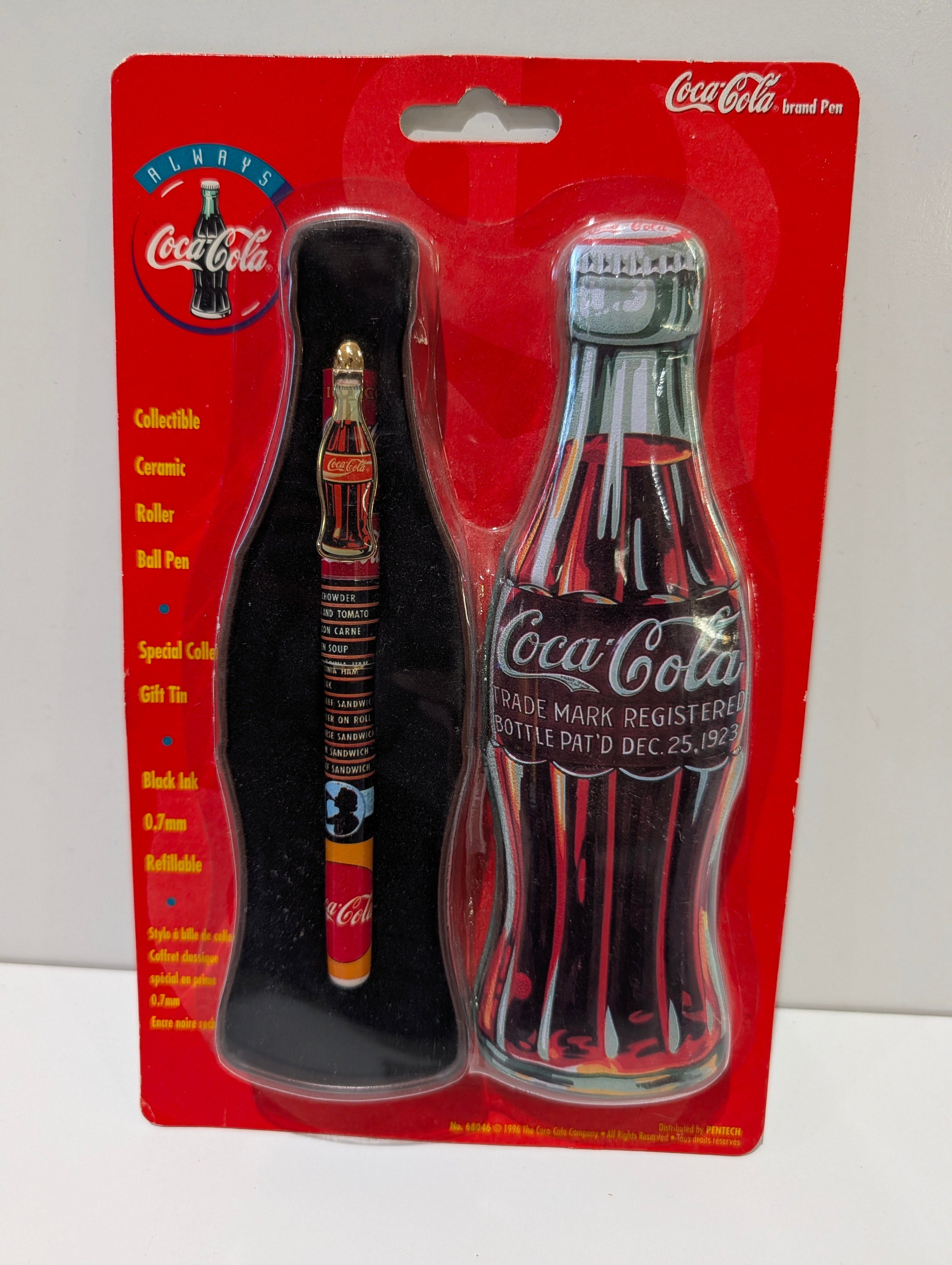 Vintage Coca Cola Collectible Ceramic Roller Ball Pen Gift Tin Bottle Set 1996