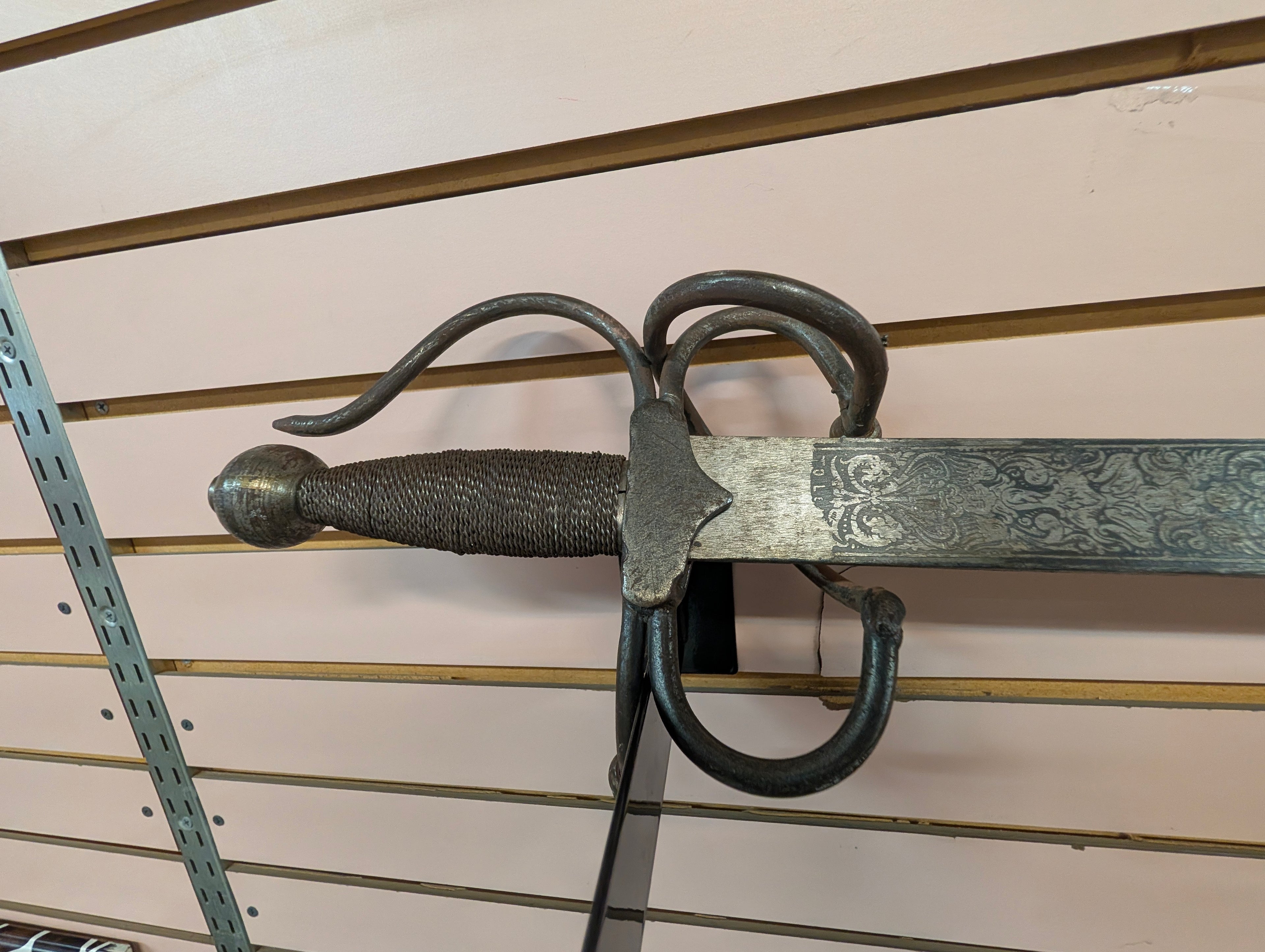 Vintage Etched Rapier Style Sword Swept Hilt Decorative Display Saber Steel