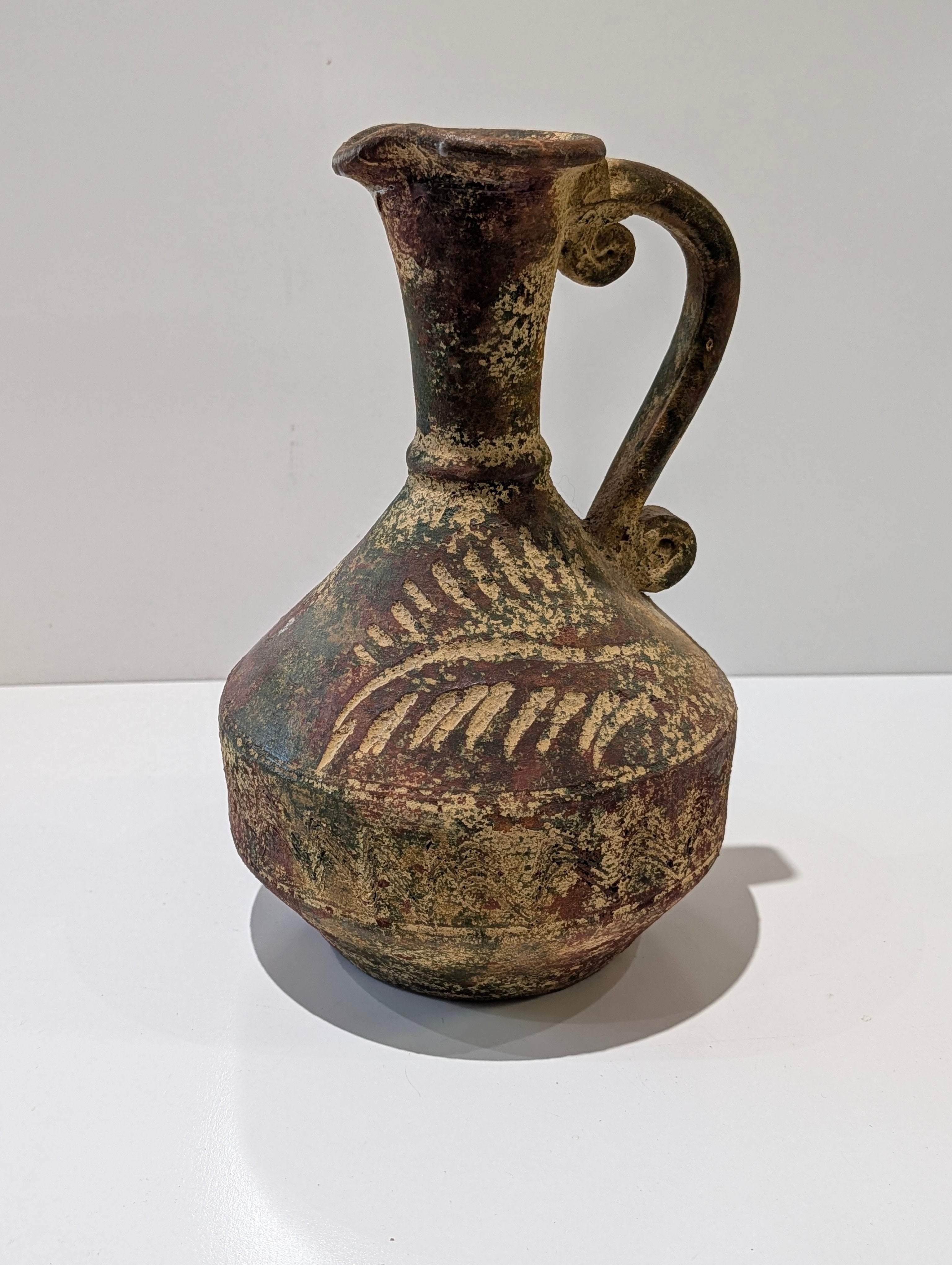 Vintage Mediterranean Style Hand Painted Ceramic Ewer Pitcher Rustic Pottery