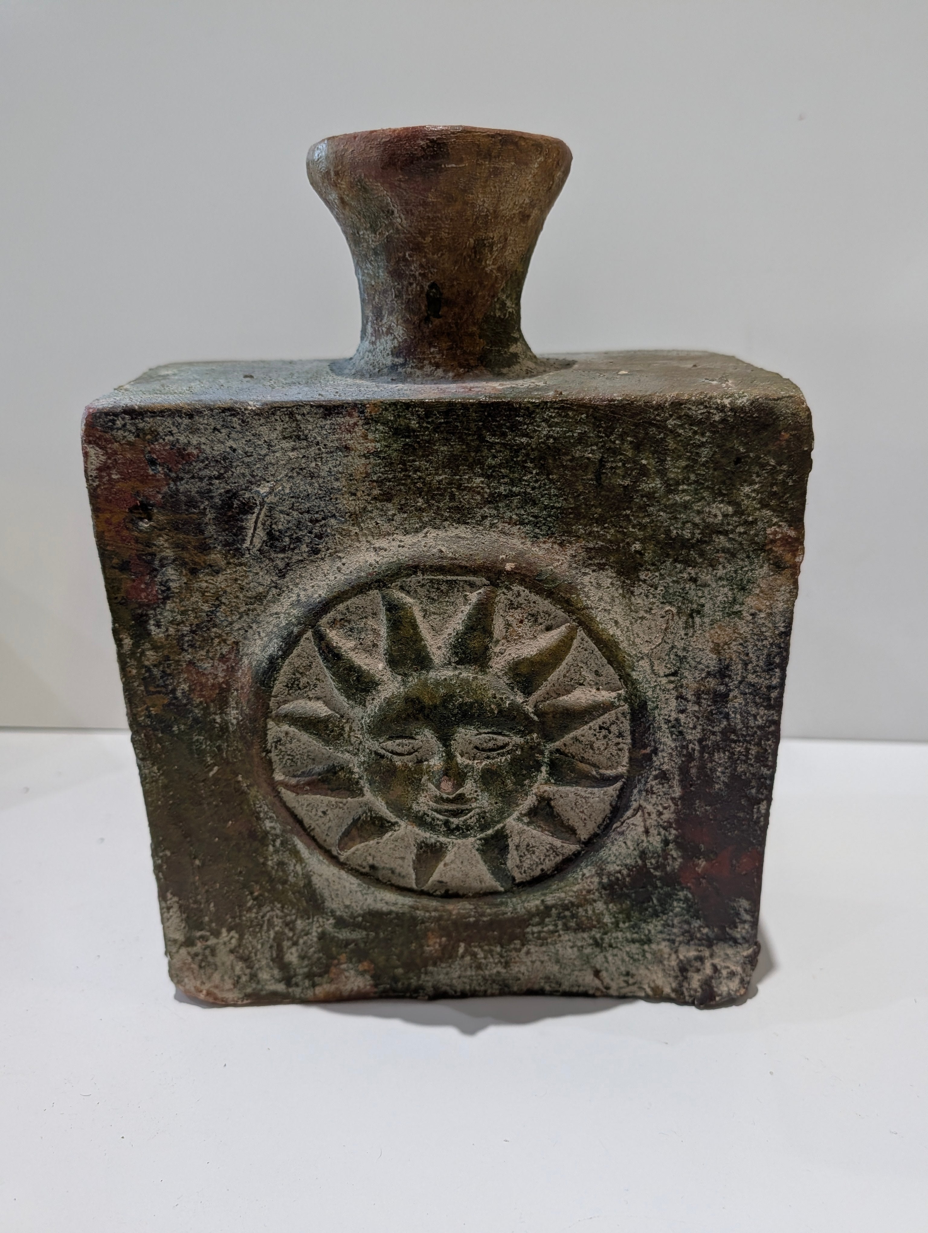 Vintage Brutalist Sun Face Ceramic Bottle Vase Mid Century Studio Pottery Decor