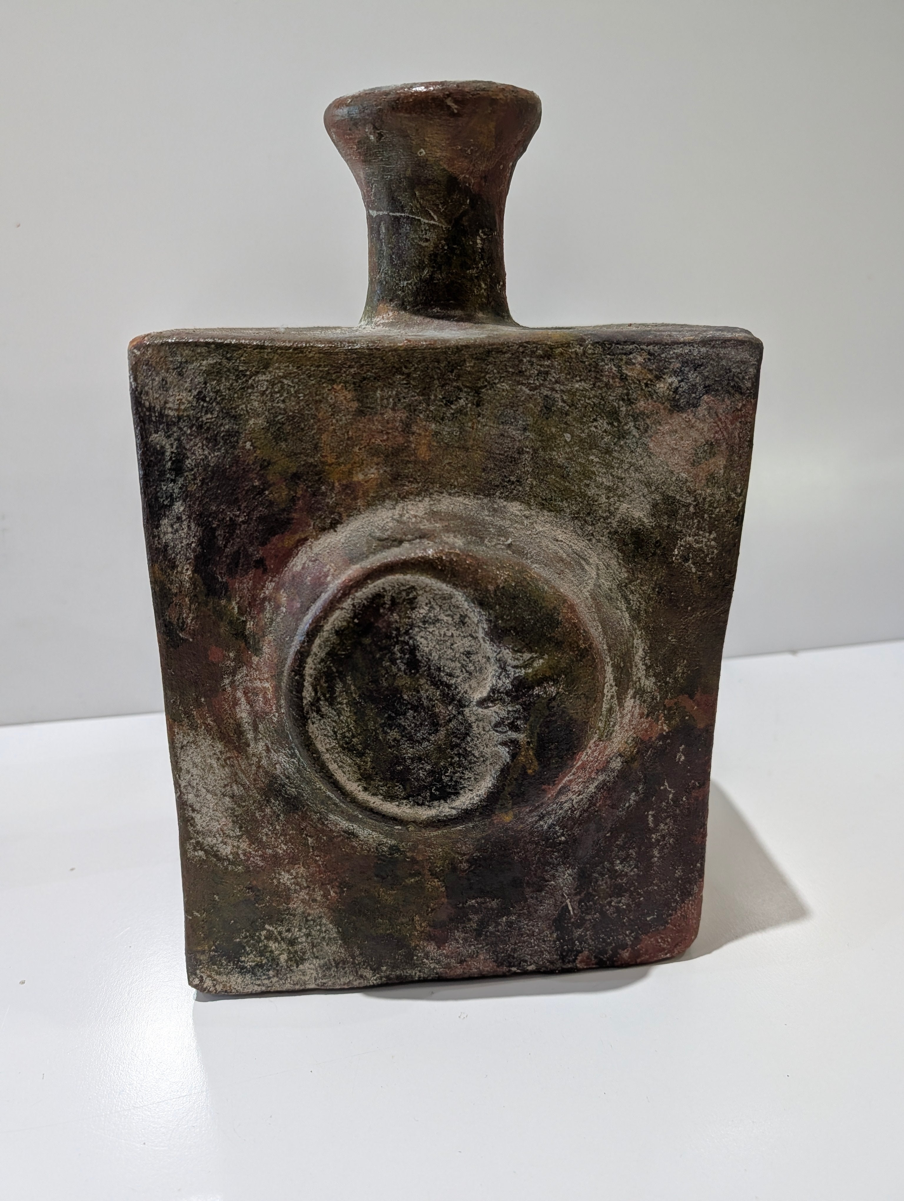 Vintage Brutalist Moon Face Ceramic Bottle Vase Mid Century Studio Pottery