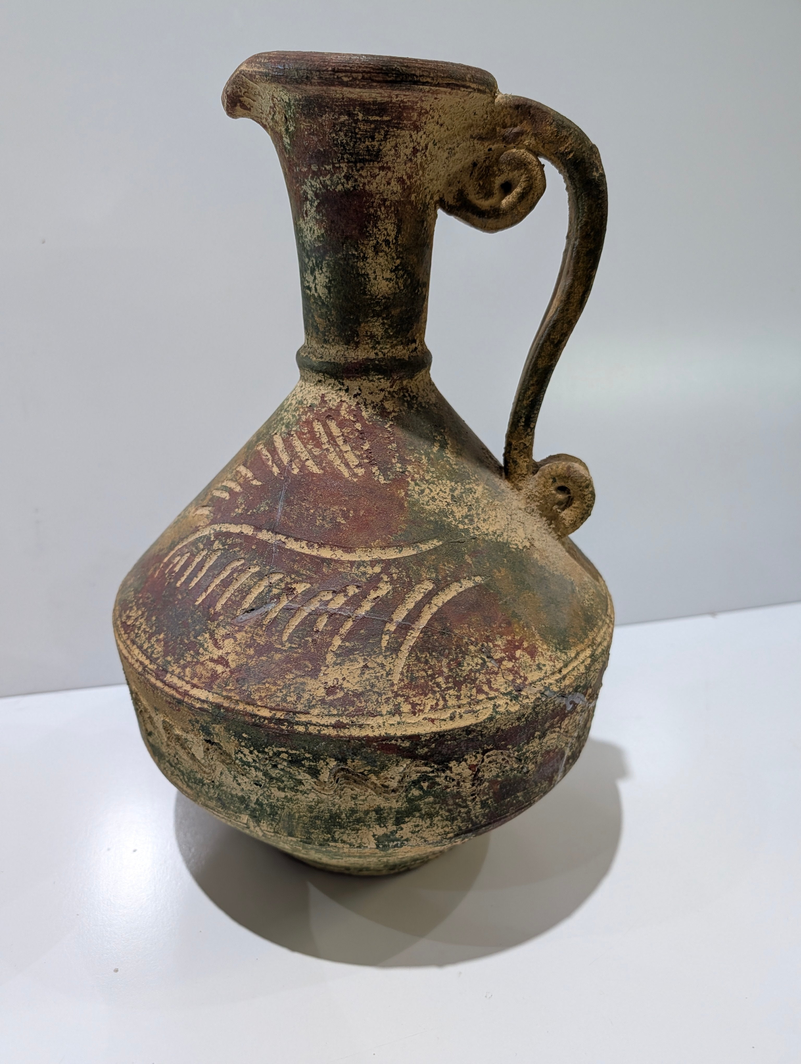 Vintage Mediterranean Style Hand Painted Ceramic Ewer Pitcher Rustic Pottery
